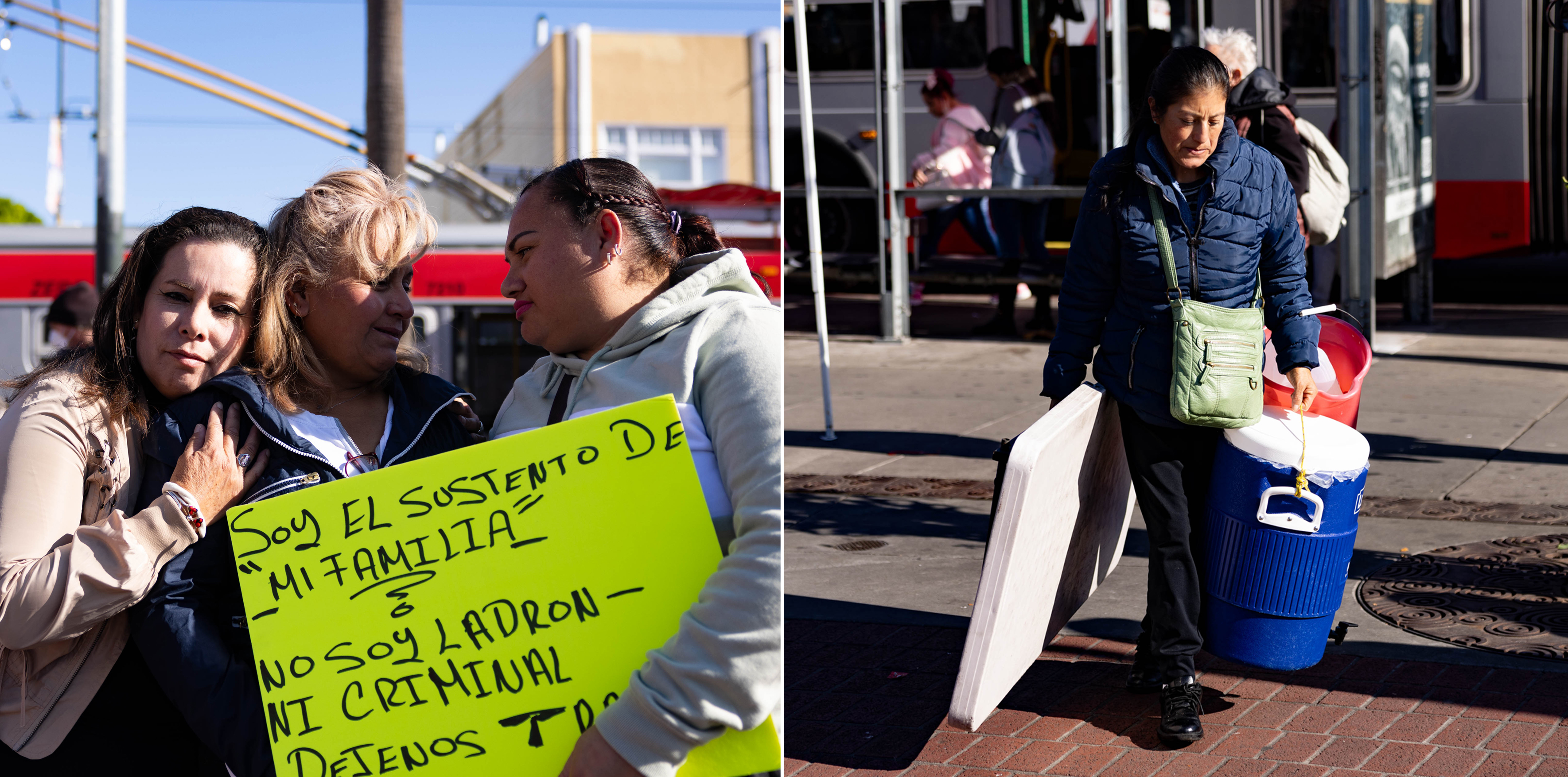 Two side by side photos of 3 women comforting themselves with a sign that reads &quot;Soy el sustento De 'Mi Familia' - No Soy Ladon Ni Criminal ...&quot;