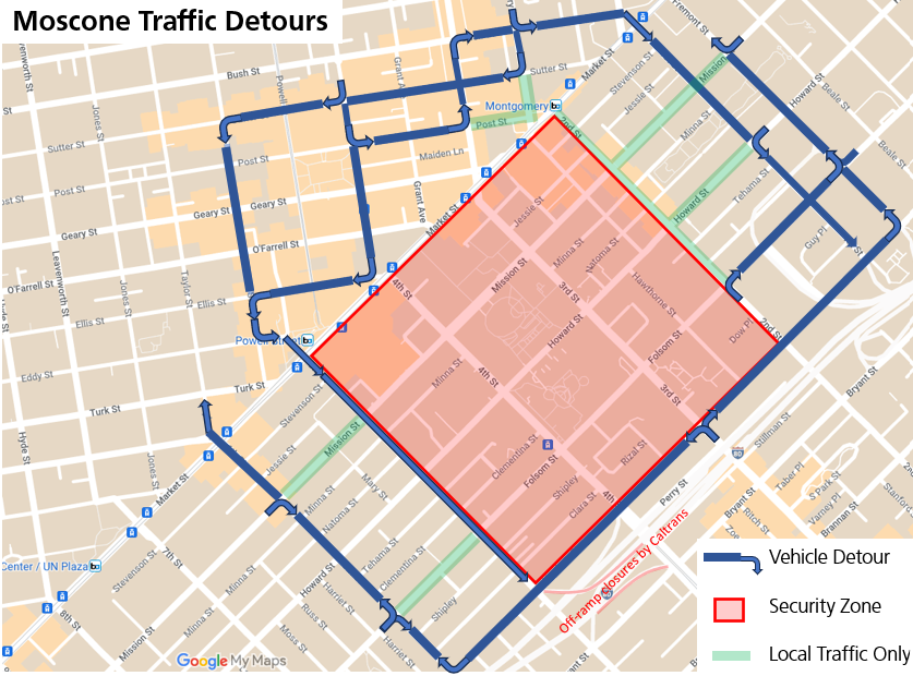 A map shows the vehicle detours avoiding the SoMa security perimeter during APEC.