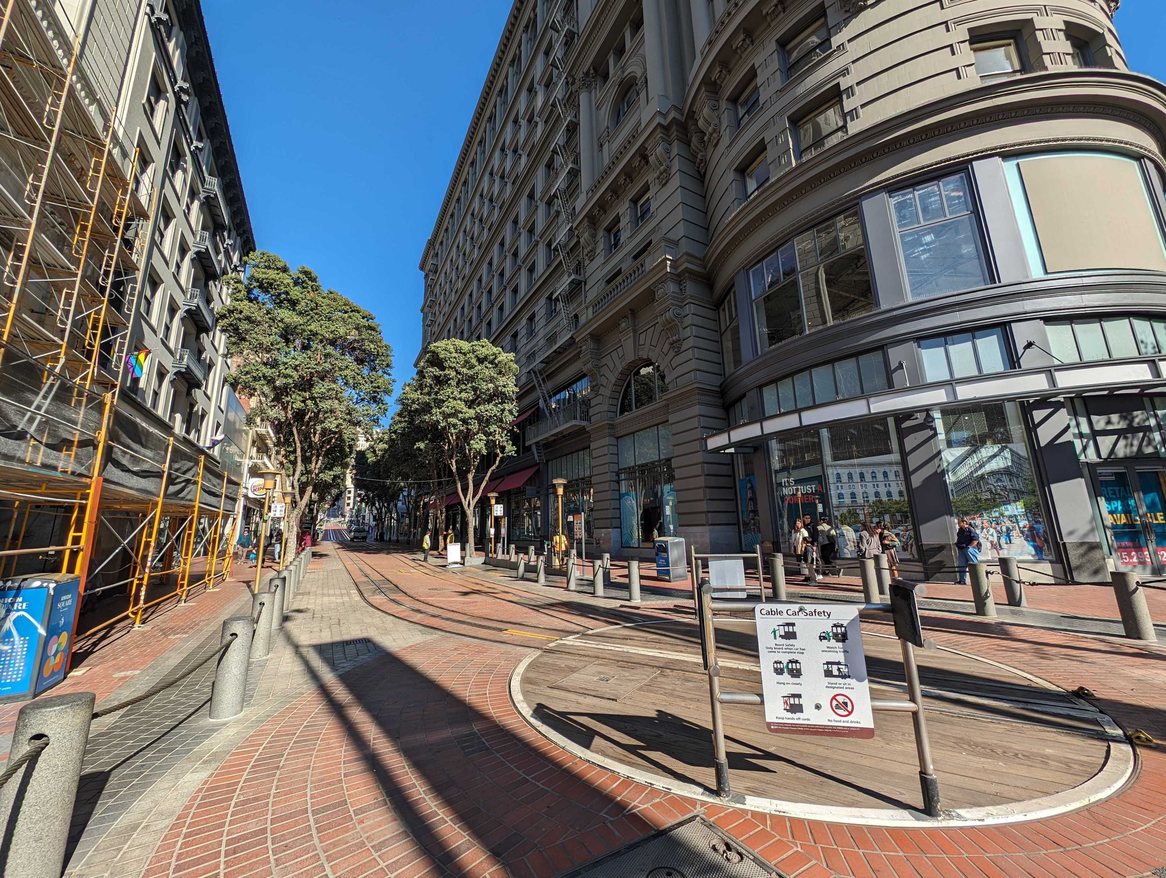 The cable car turnaround at Market and Powell streets in San Francisco was empty due to APEC security restrictions. 