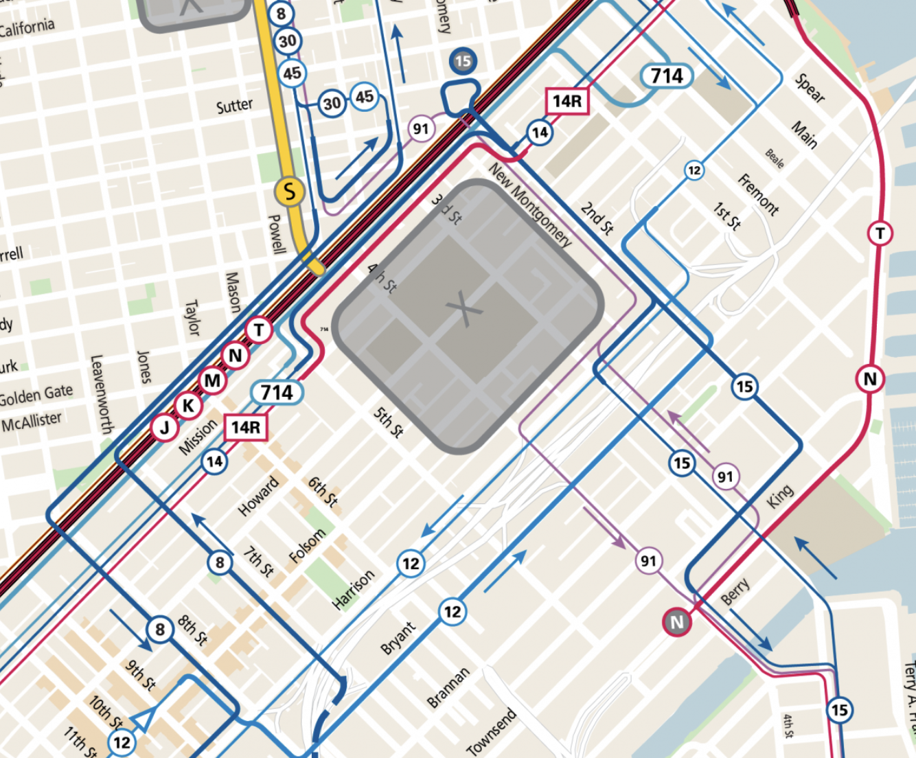 A map of downtown San Francisco's transit routes.
