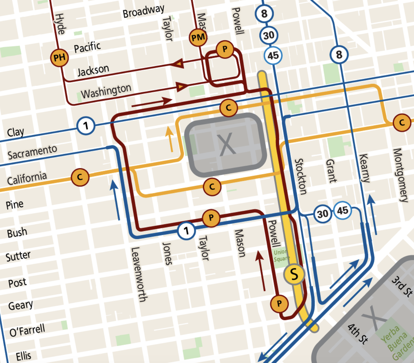 A map of transit routes in San Francisco's Nob Hill neighborhood.