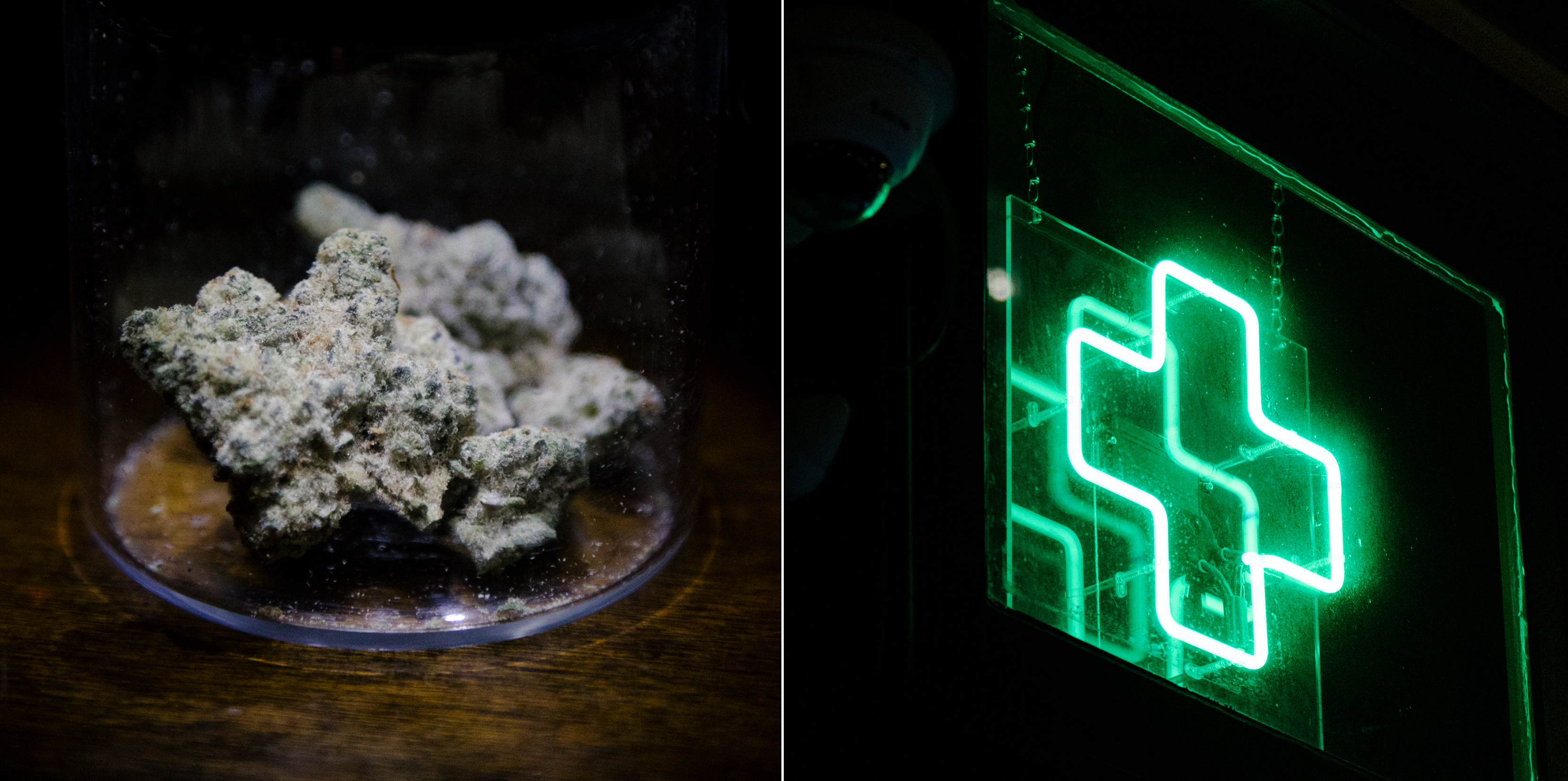 Two images side by side of a cannabis bud and a green neon cross set again black backdrops.