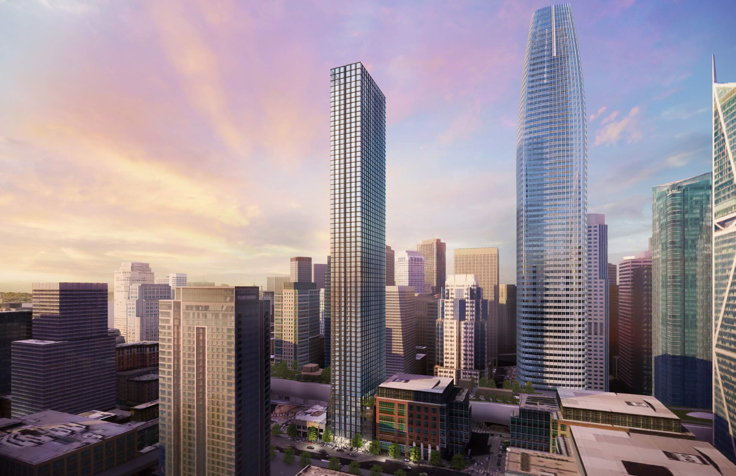 A rendering shows a tall, narrow tower rising up in the city's downtown.