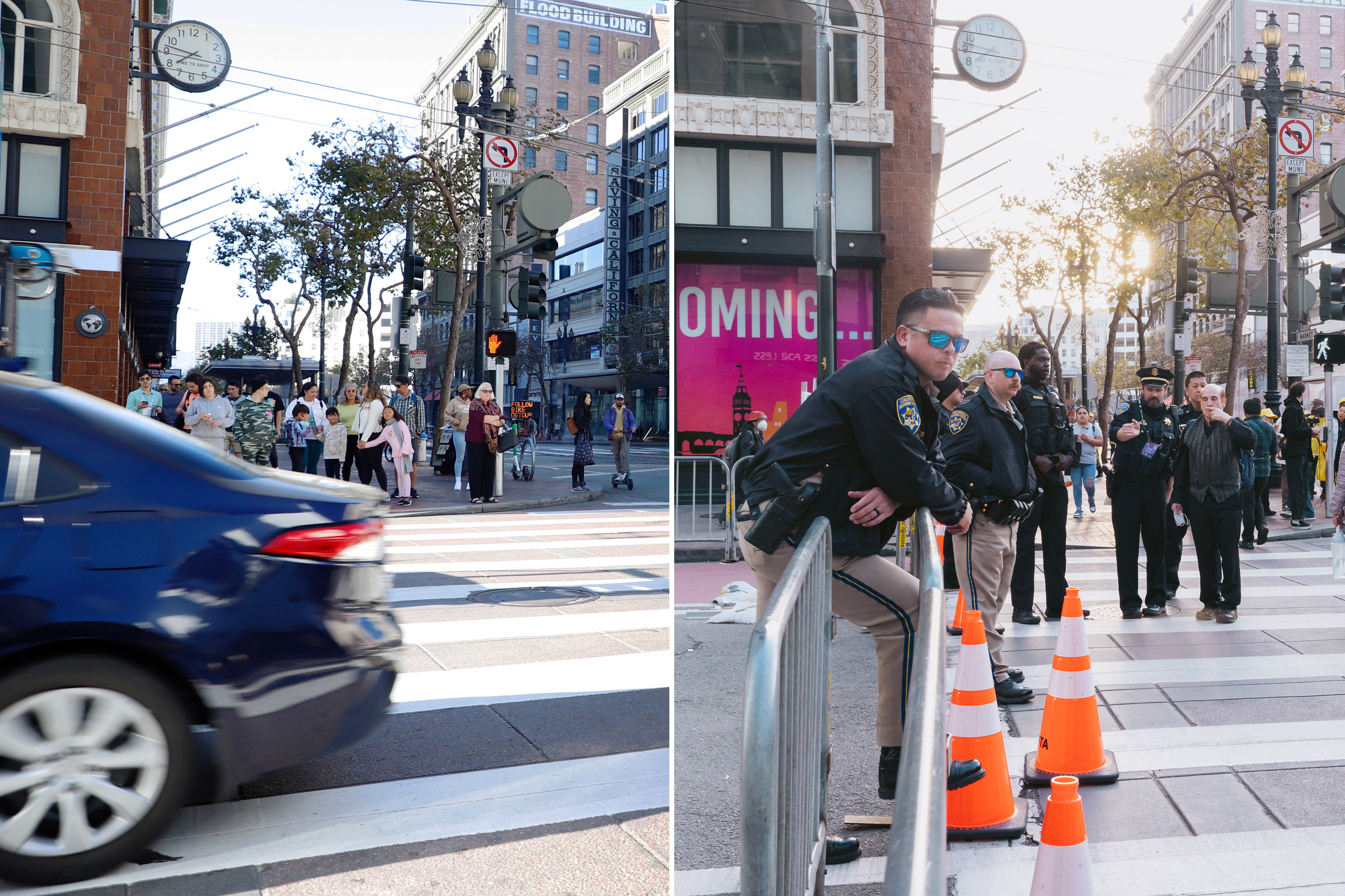 Two photos side by side of a car driving down a street with pedestrians on the corner and a group of CHP officers stand behind a barricade at a road closure