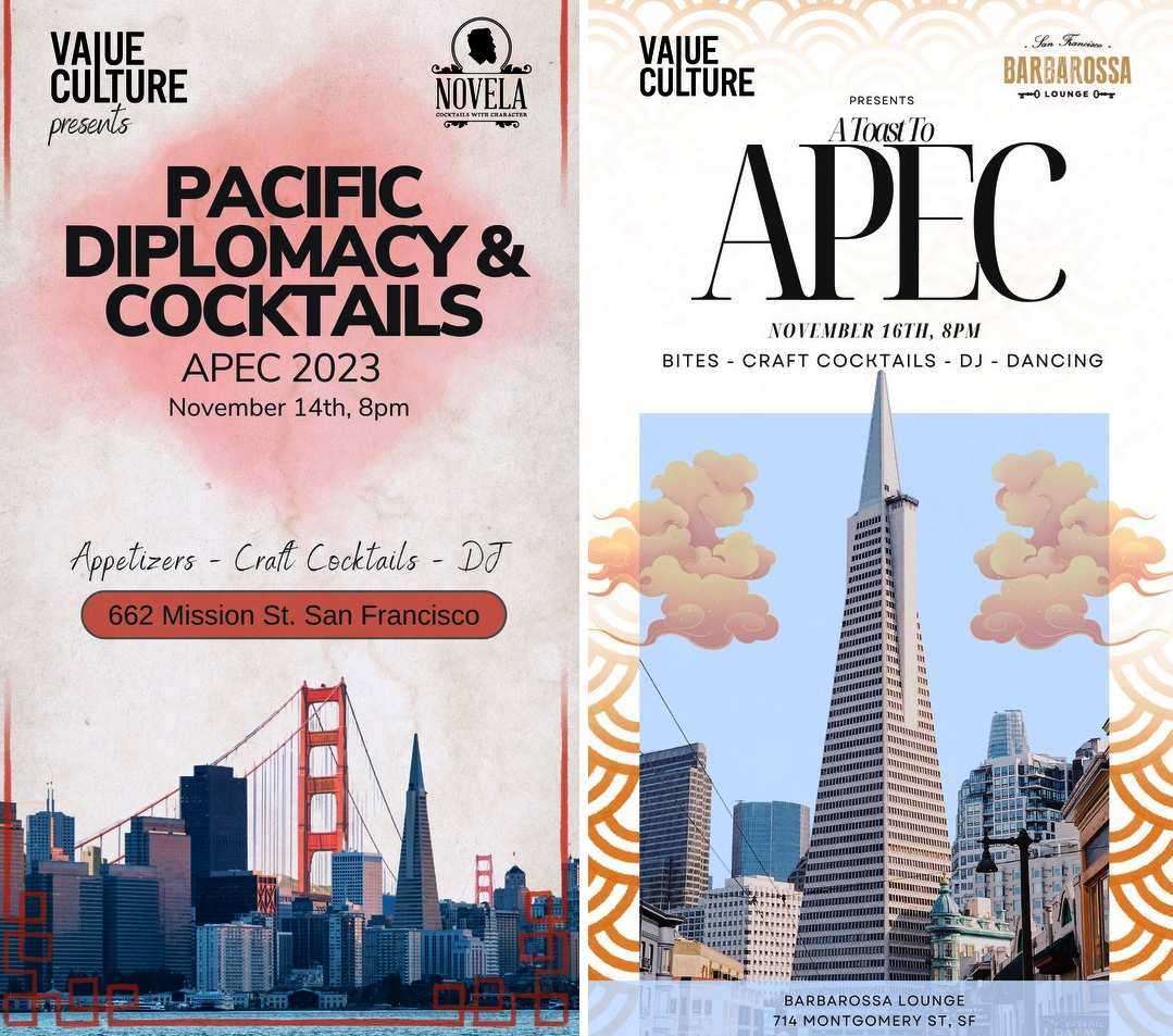 two flyers side by side, on the left is a skyline of San Francisco on the right is the Transamerica Pyramid.