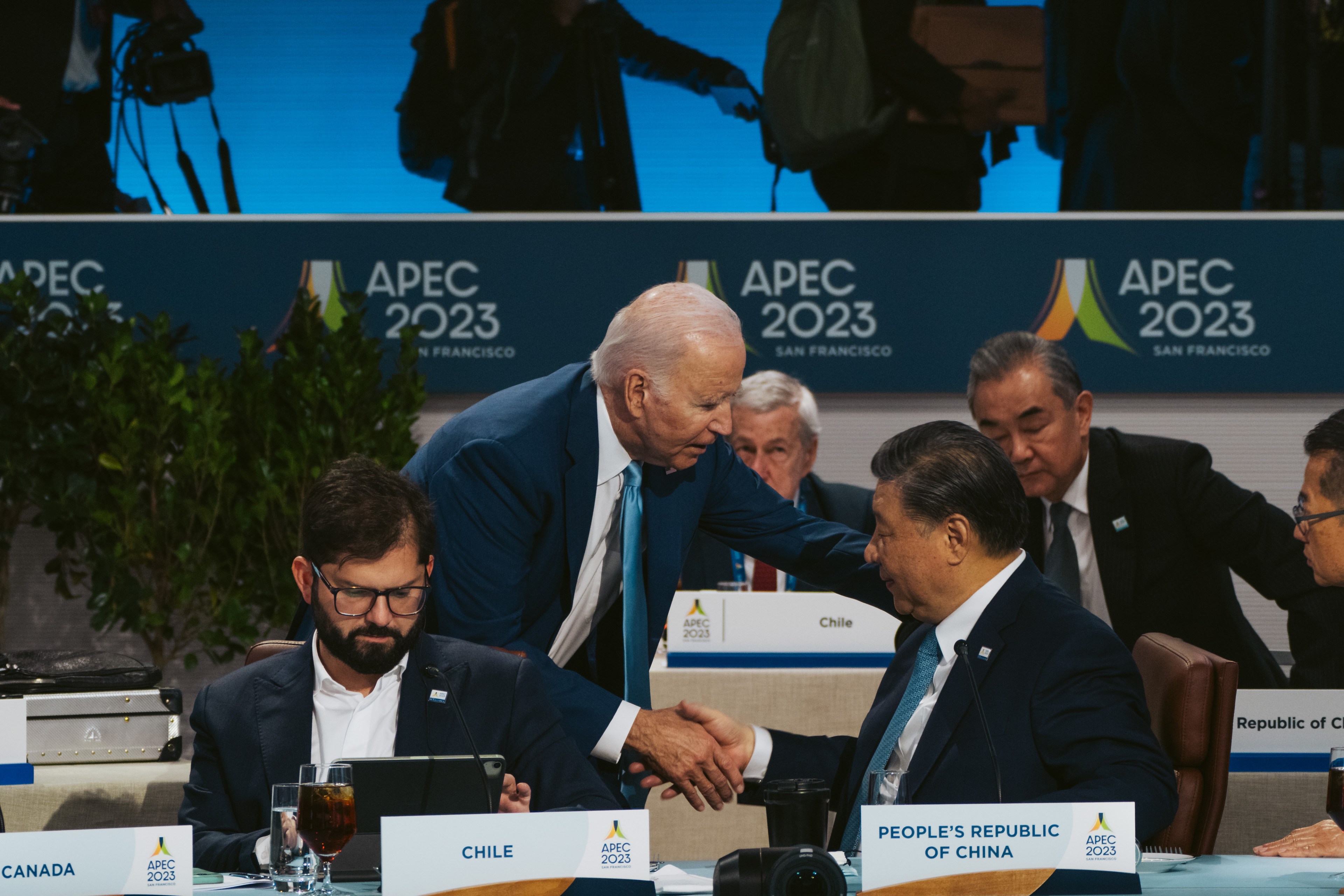 U.S. President Joe Biden greets Chinese President Xi Jinping during the APEC summit in San Francisco.