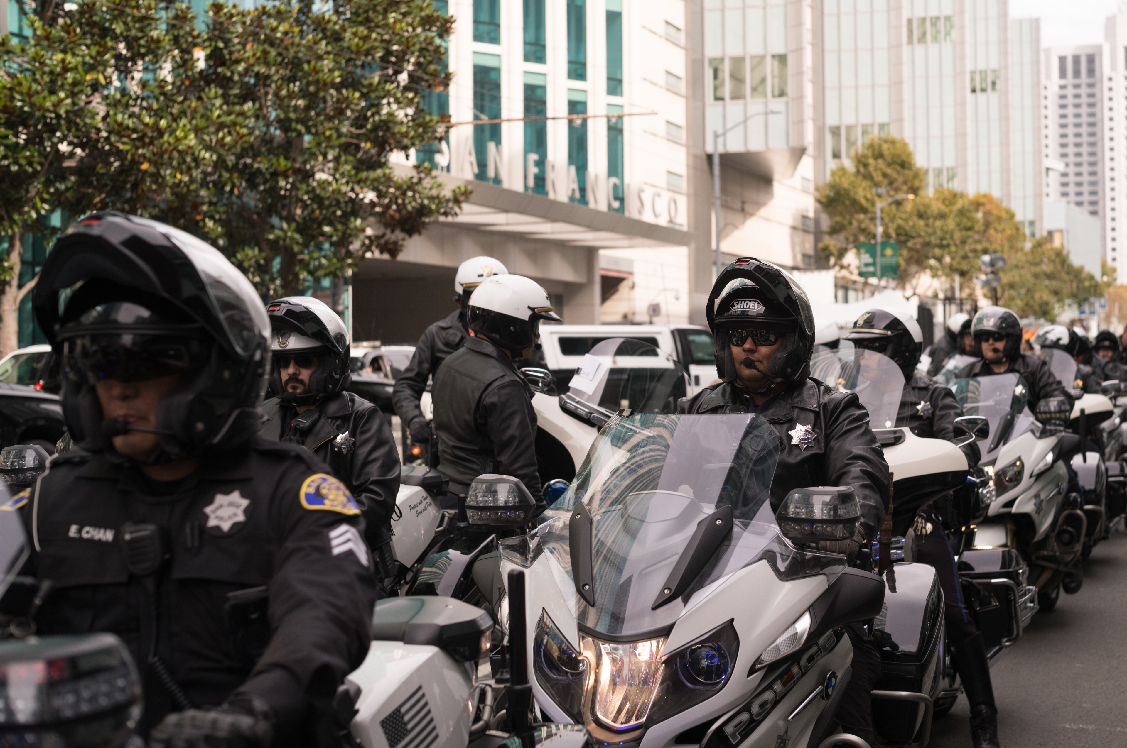 San Francisco police patrol the streets during APEC in November 2023.