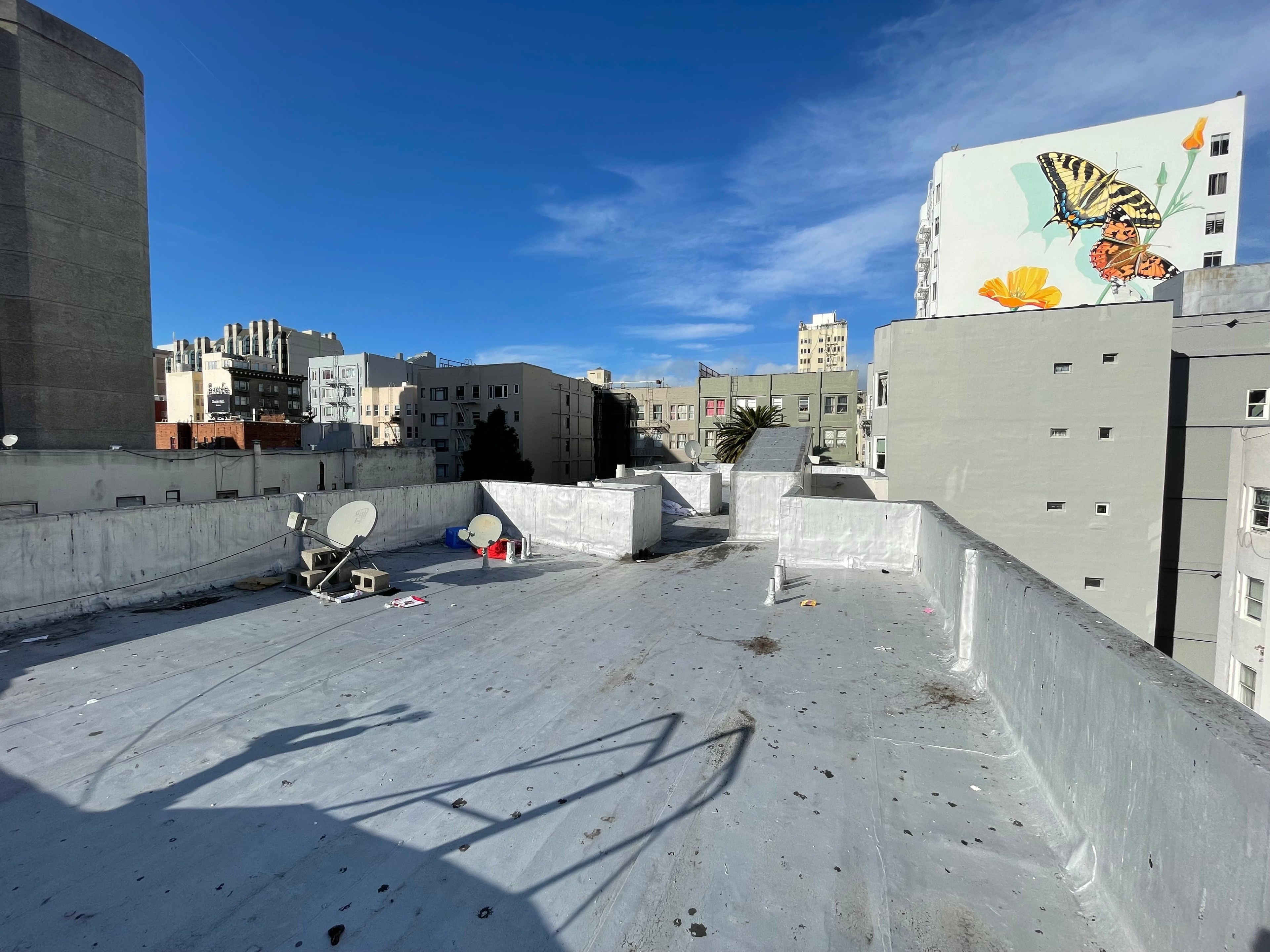 The rooftop of an apartment building is seen during the daytime.