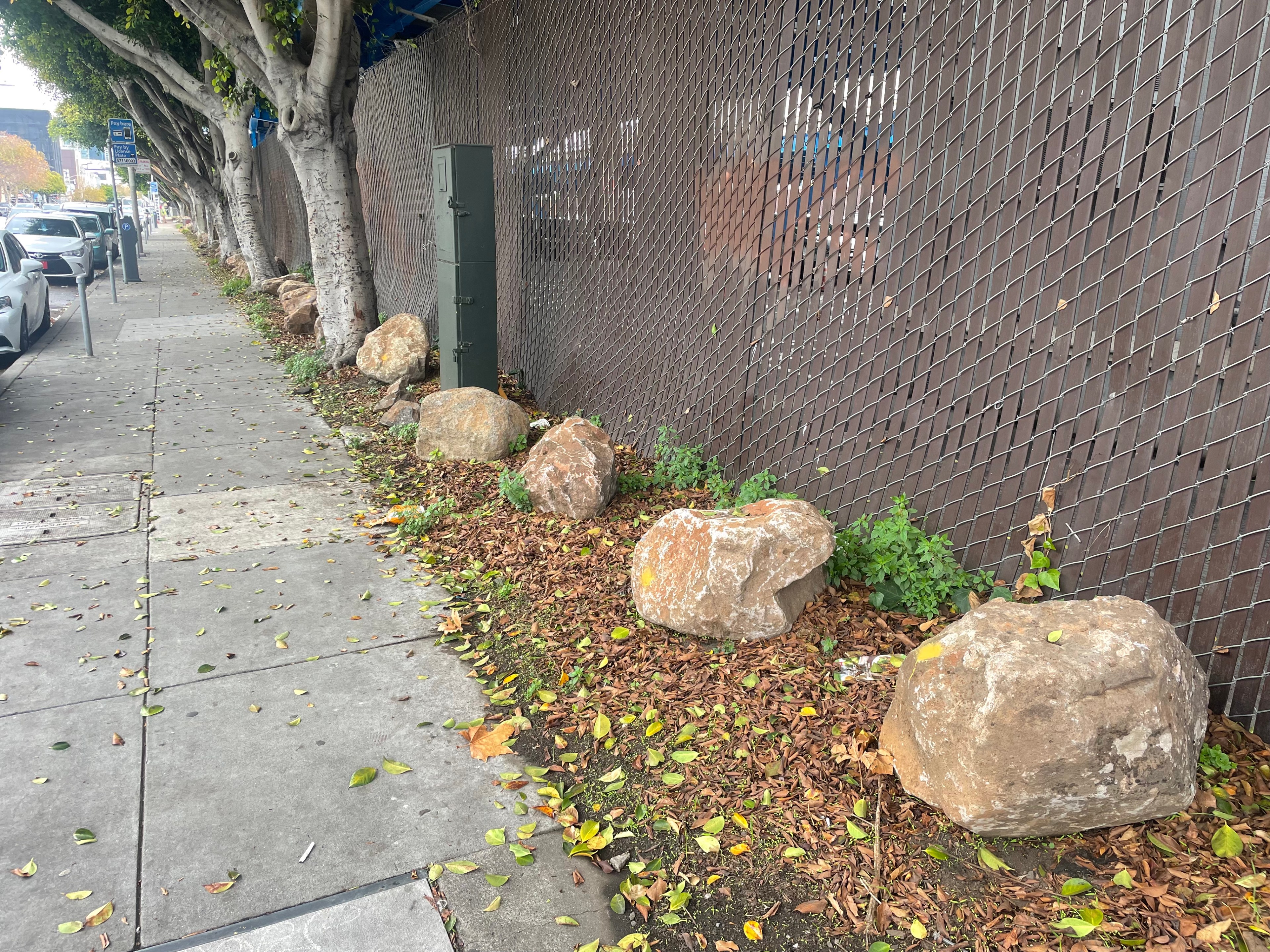 Rocks sit on dirt next to sidewalk.