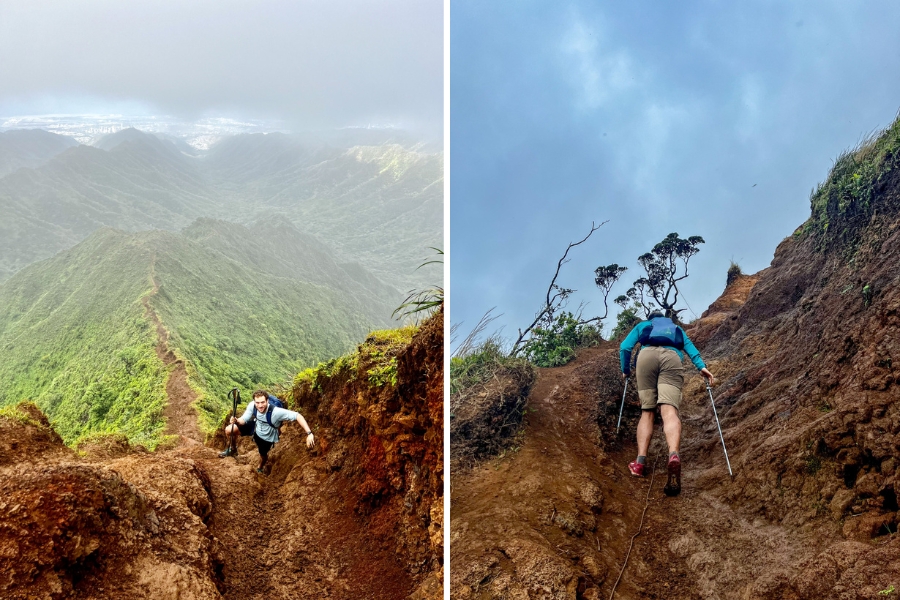Two photos of a person climbing a mountain with gear. 