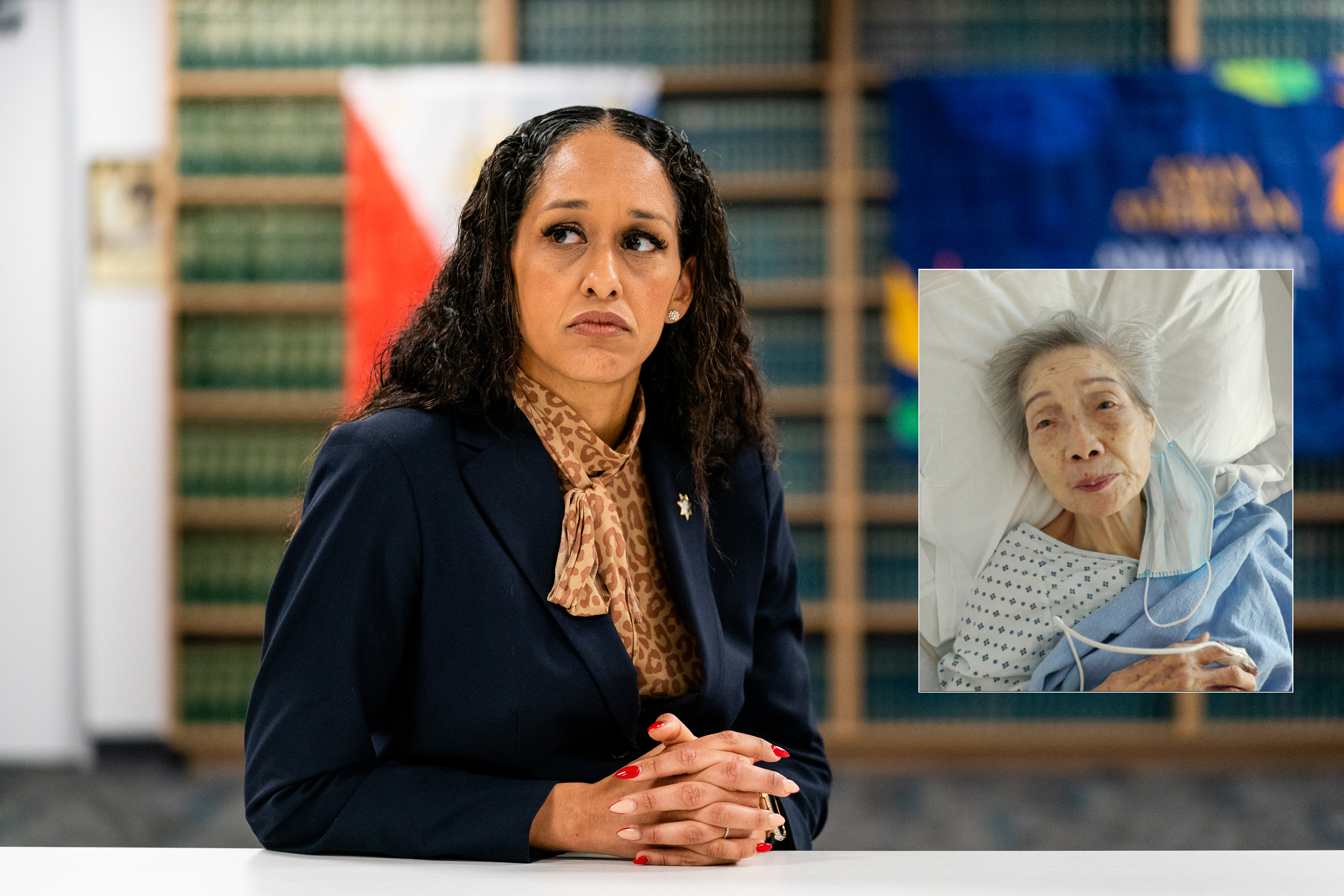 District Attorney Brooke Jenkins looking into the distance with an inset image of a older woman in a hospital bed.
