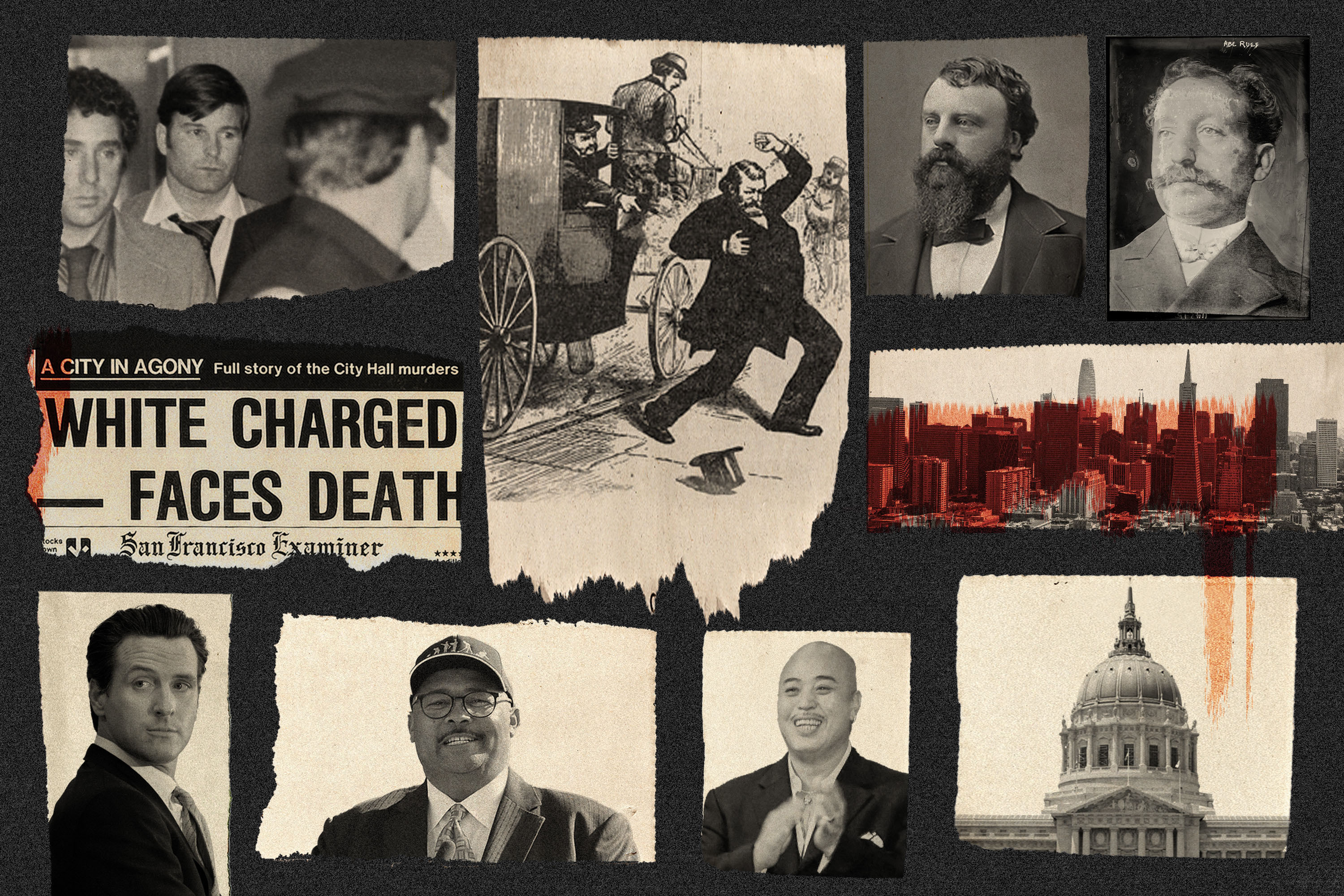 A photo illustration that includes Supervisor Dan White, Charles de Young, Reverend Issac Kalloch, Abe “Boss” Ruef, San Francisco Mayor Gavin Newsom, Department of Public Works Director Mohammed Nuru and Raymond "Shrimp Boy" Chow and a newspaper clipping that says "WHITE CHARGED - FACES DEATH".