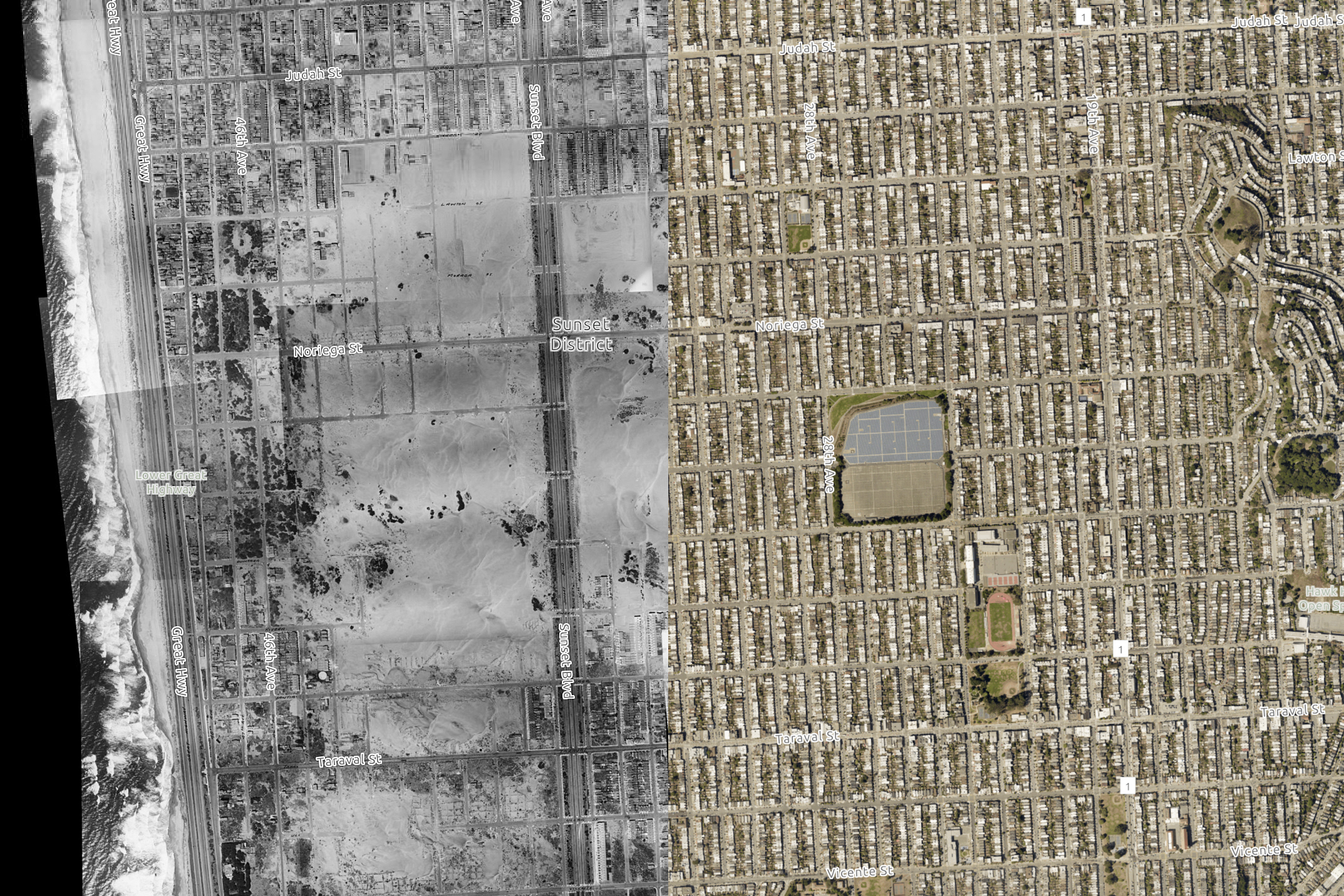 An aerial view of San Francisco’s Outer Sunset district in 2022, left, and in 1938, right.