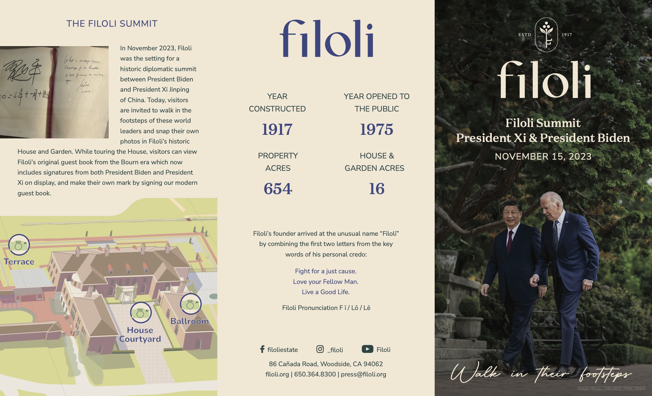 A brochure image of filoli with words and photos