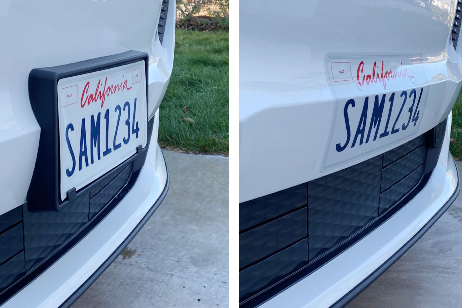 A wrapped sticker license plate adhered to front bumper on a vehicle with a California license plate.