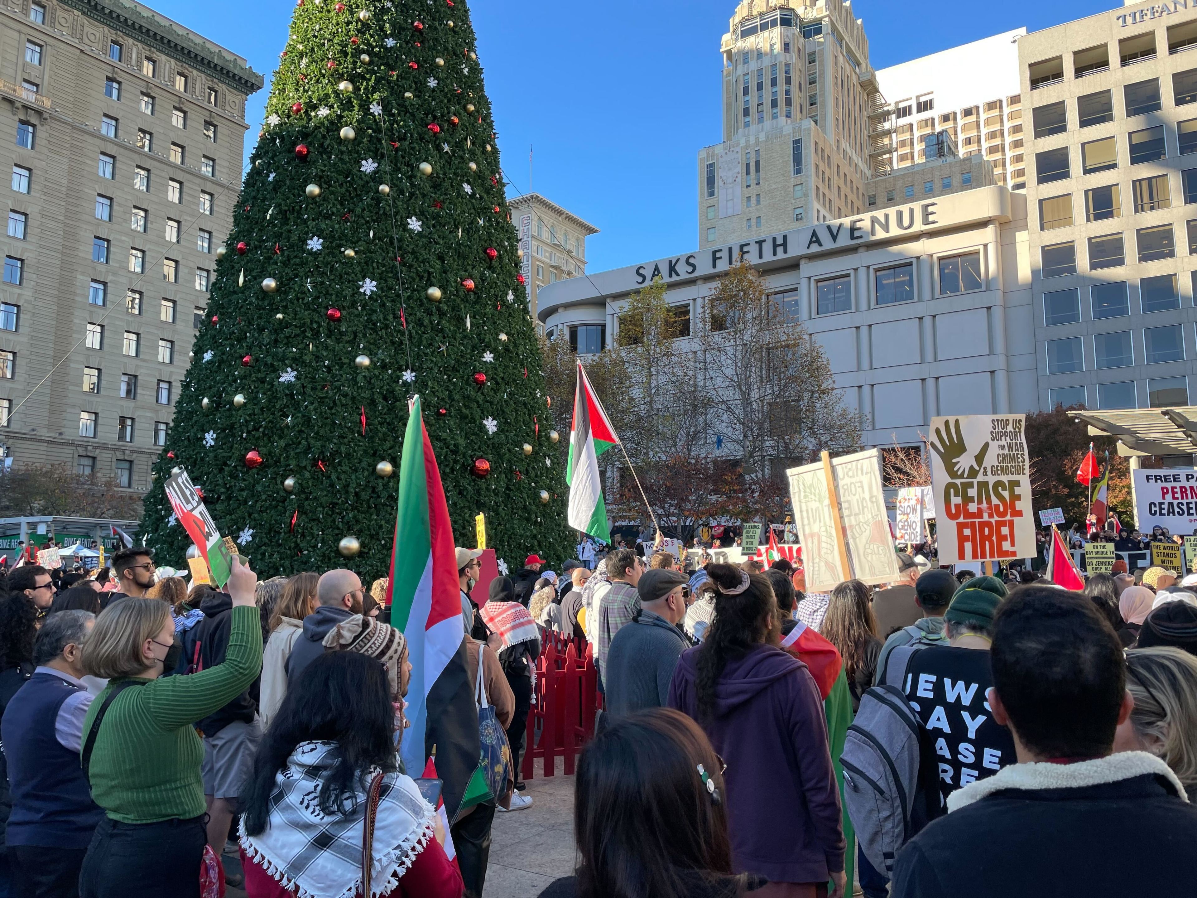 A crowd with flags and signs gathers by a large, decorated Christmas tree in an urban square.