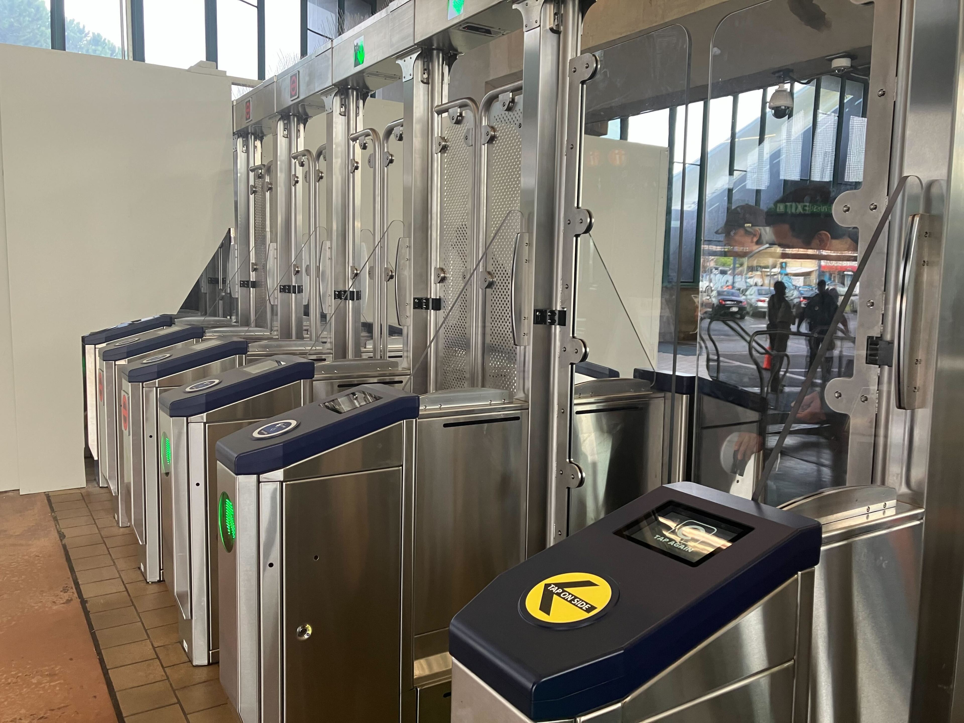 The five new fare gates that were opened at BART's West Oakland Station seen on Thursday, Dec. 28, 2023.