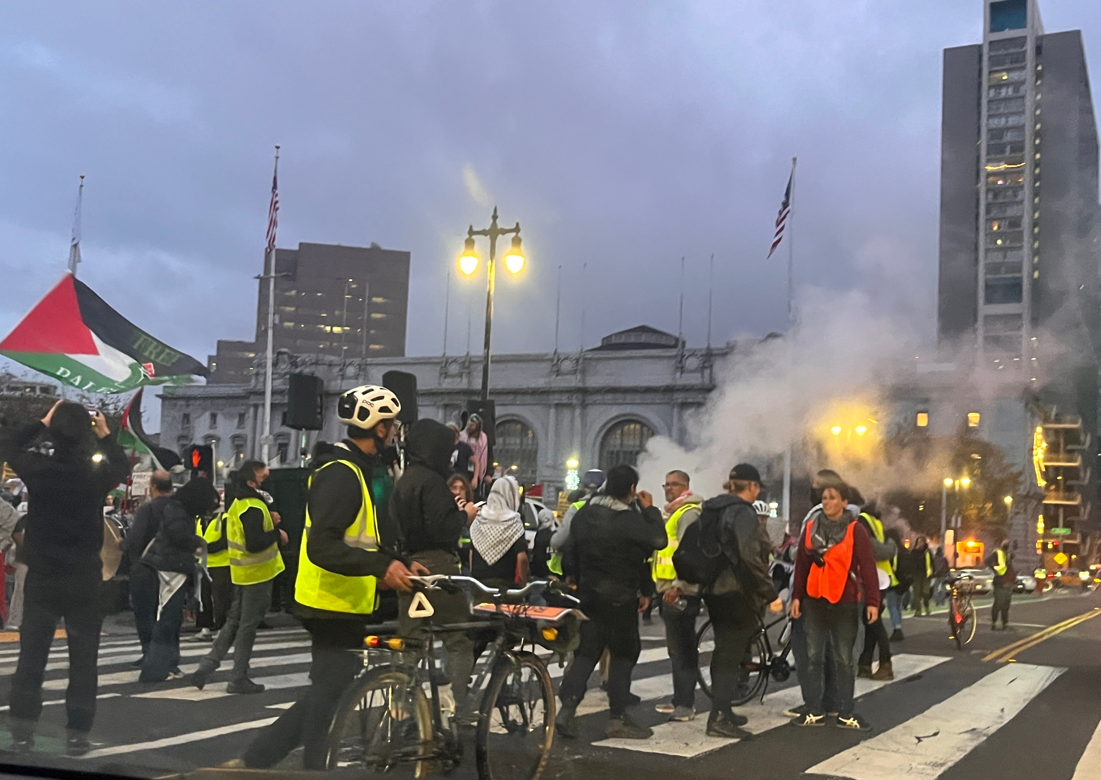 Protesters wave Palestinian flags under a foggy sky outside San Francisco City Hall.