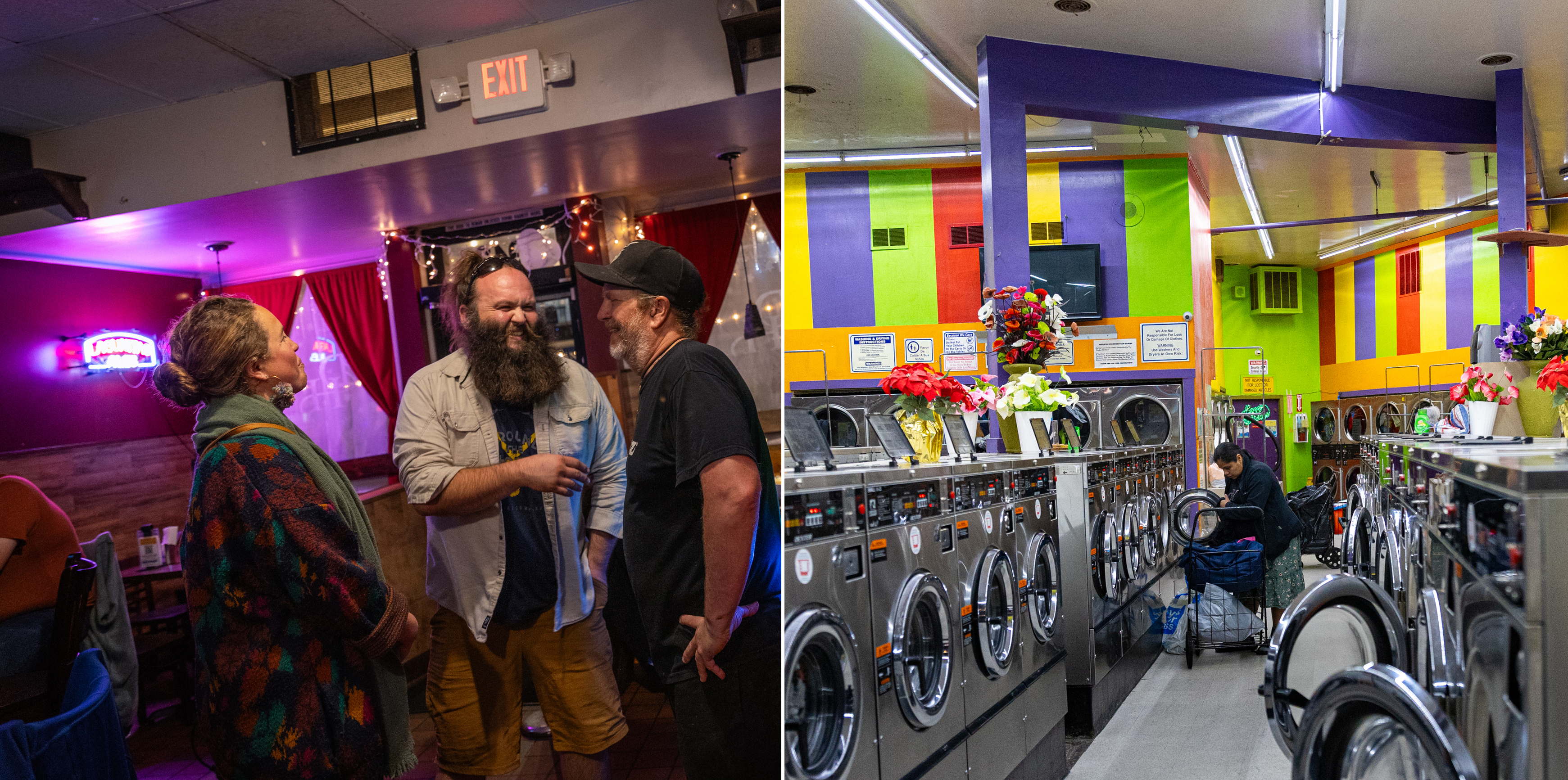 Two photos side by side - one of people talking in a bar setting and another of a group of people doing laundry in a laundromat setting.