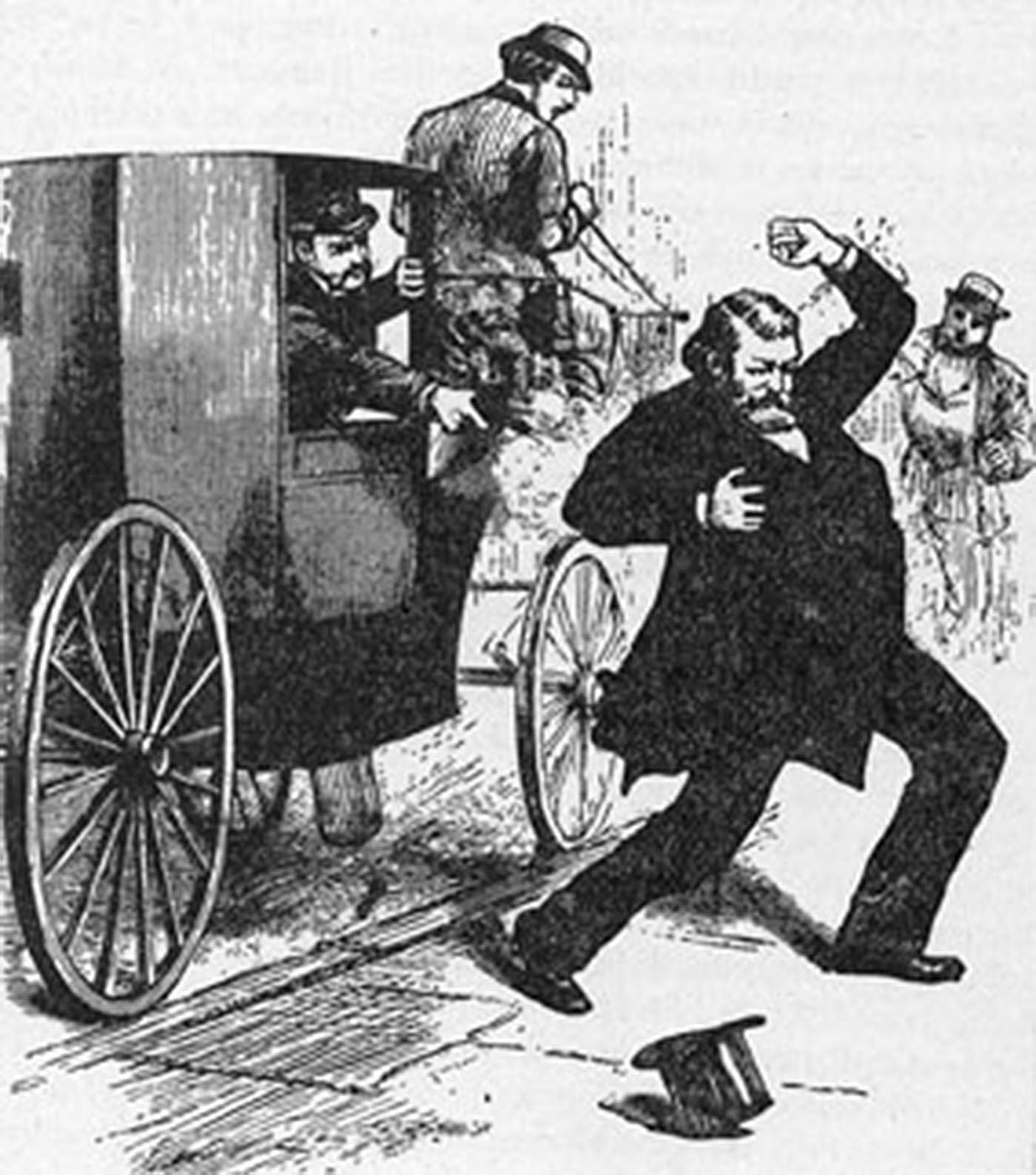 An illustration of Charles de Young shooting Reverend Isaac Kalloch.
