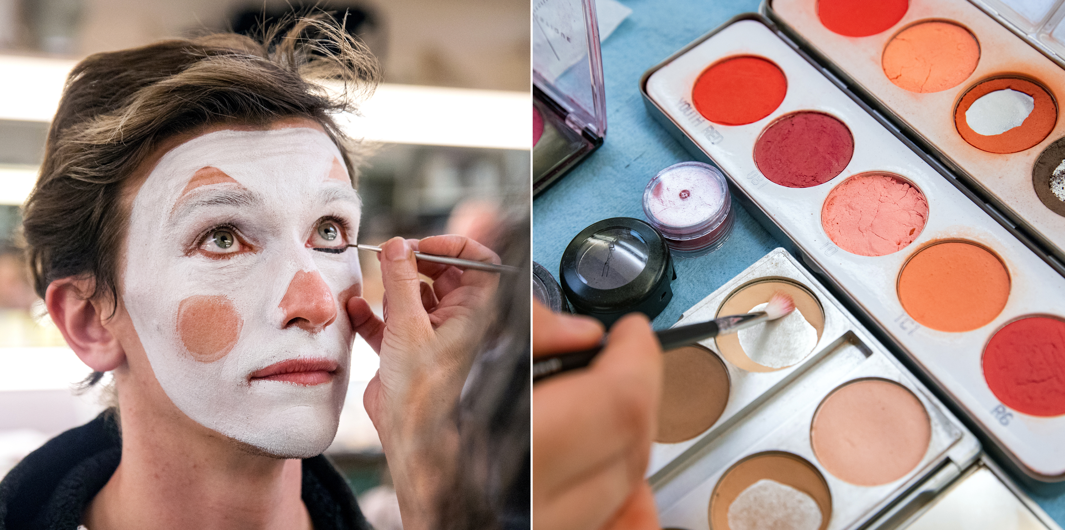 Side by side photos of a man getting makeup added to his face and a detail of a makeup kit.