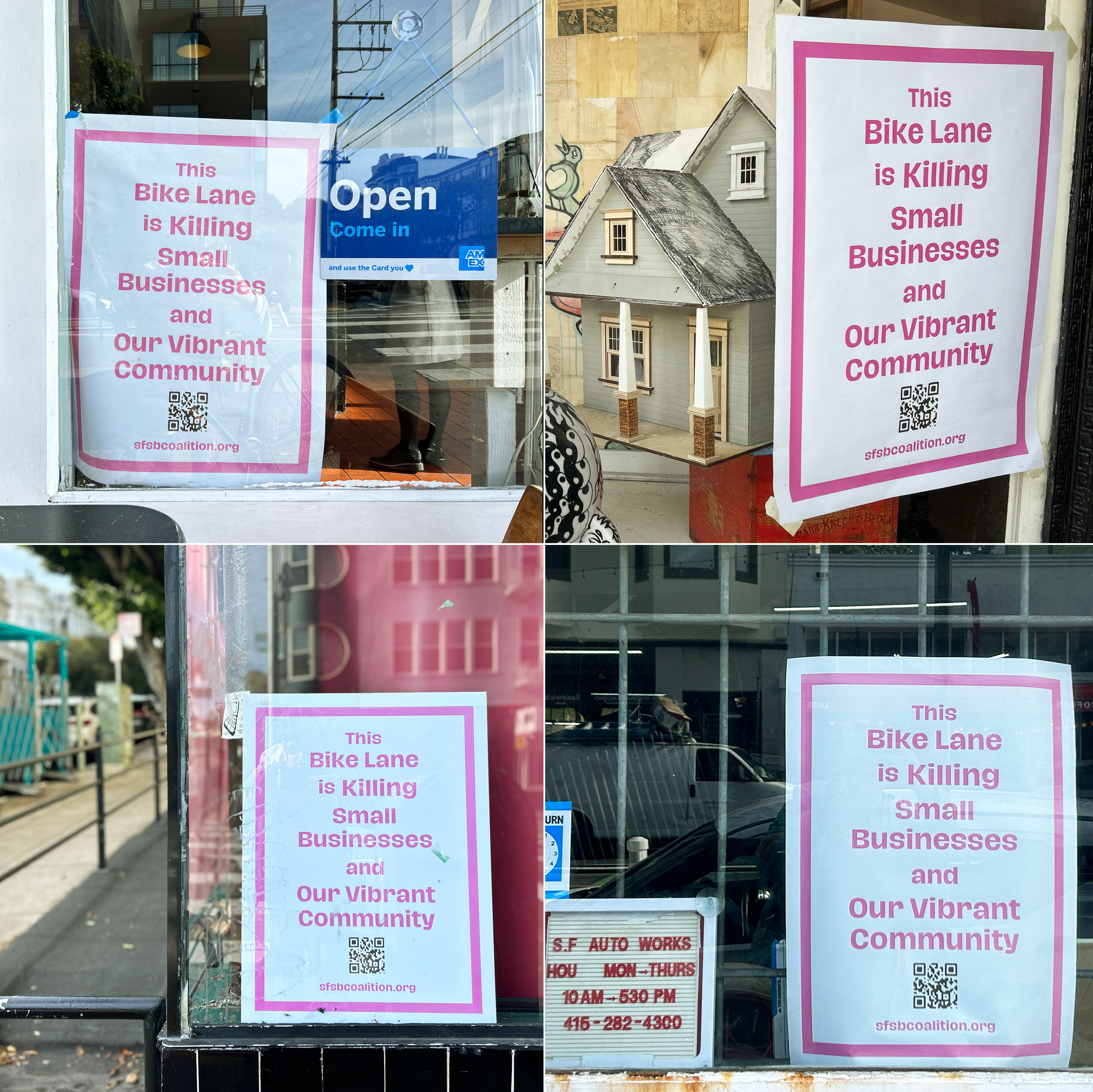A composite image of four signs in shop windows that show opposition to a bike lane.