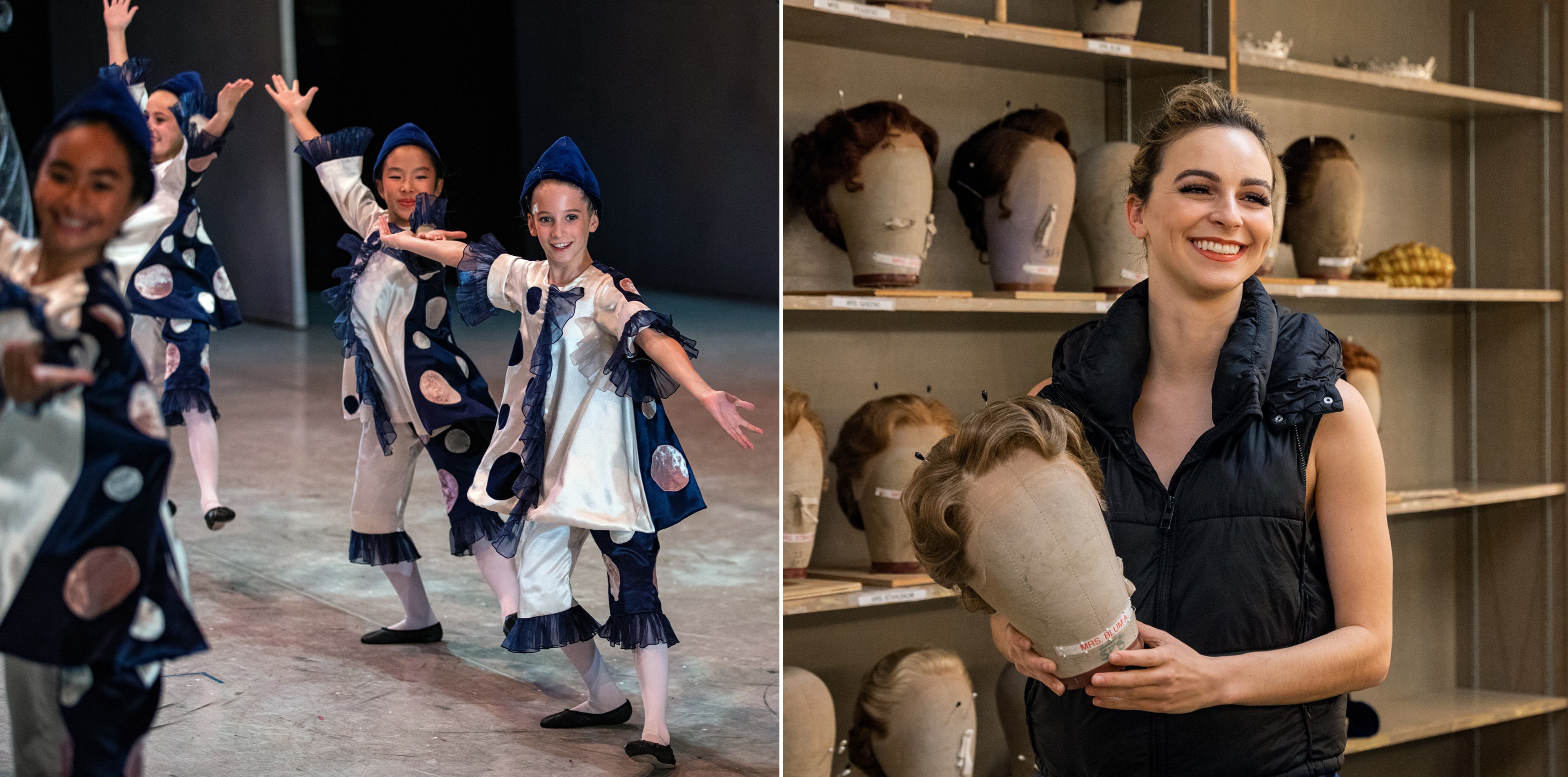 A side by side photo of group of youth performing on stage and a person smiling while holding a mannequin head