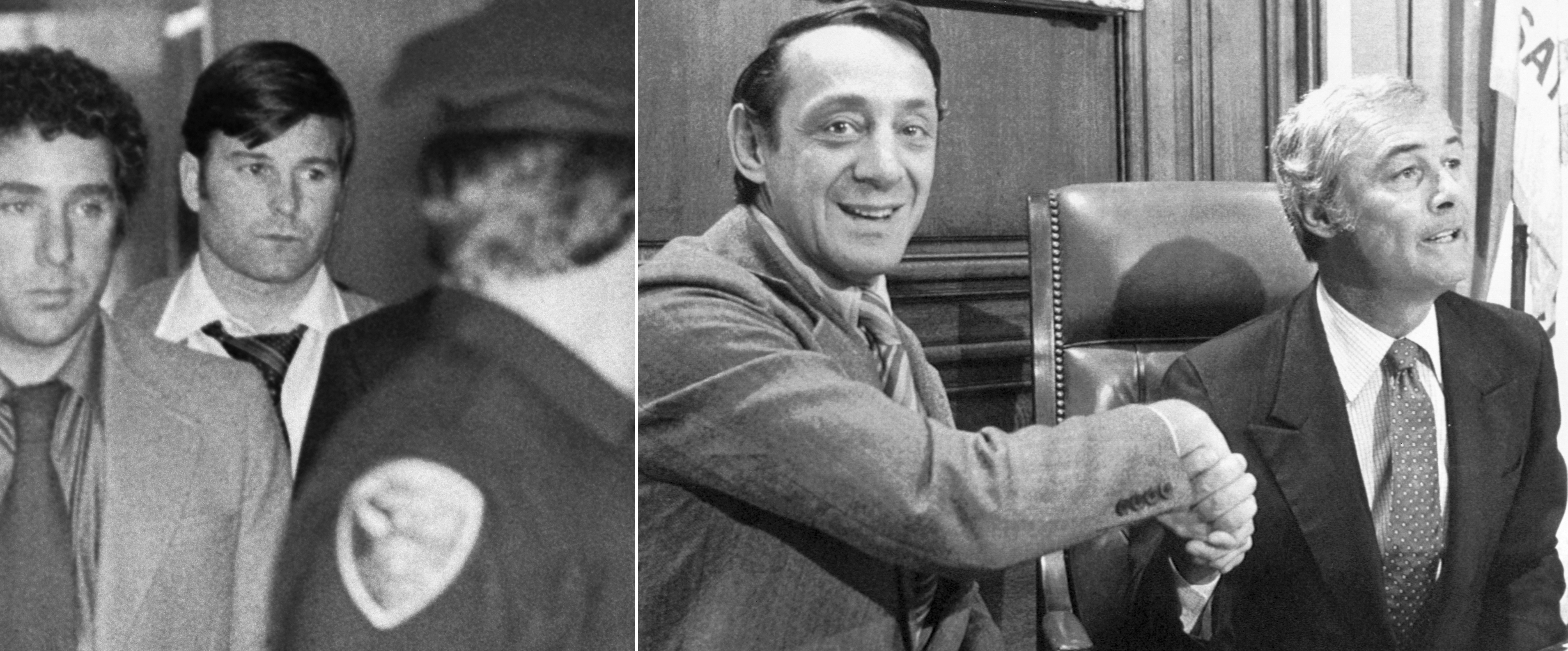 A side by side photo of San Francisco Supervisor Dan White, left, being led by police officers and City supervisor Harvey Milk and San Francisco mayor George Moscone shaking hands.