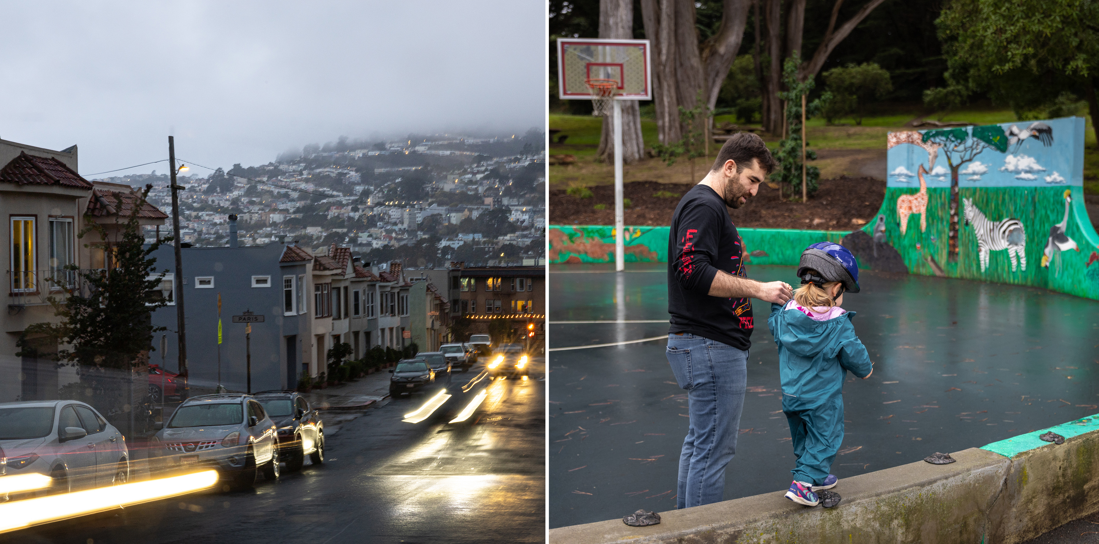 Two photos side by side - one of cars driving down a city street at twilight and another photo of a man helping a child walk along an elevated curb at a park