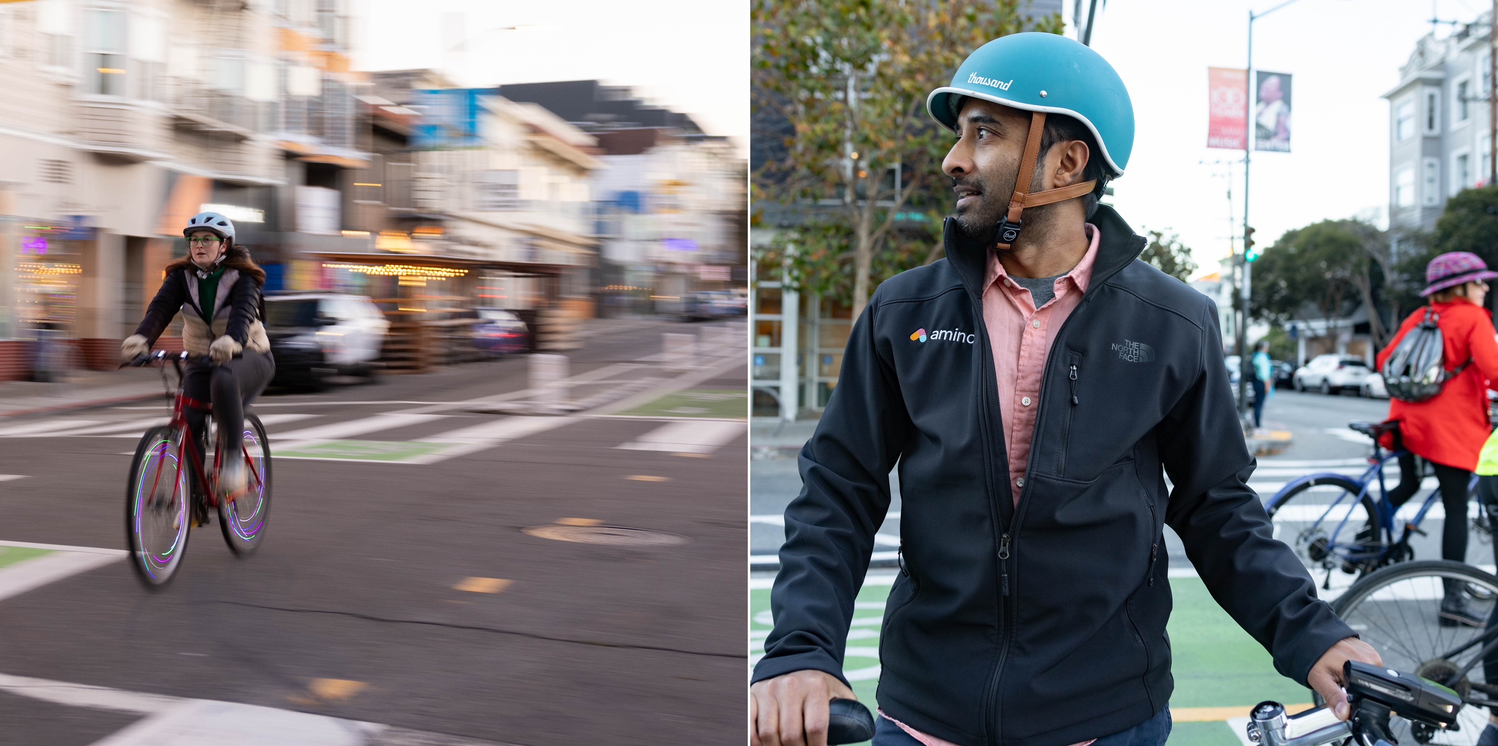 A composite image juxtaposes a blurred picture of a cyclist in motion with a South Asian man in profile, wearing a helmet and jacket.