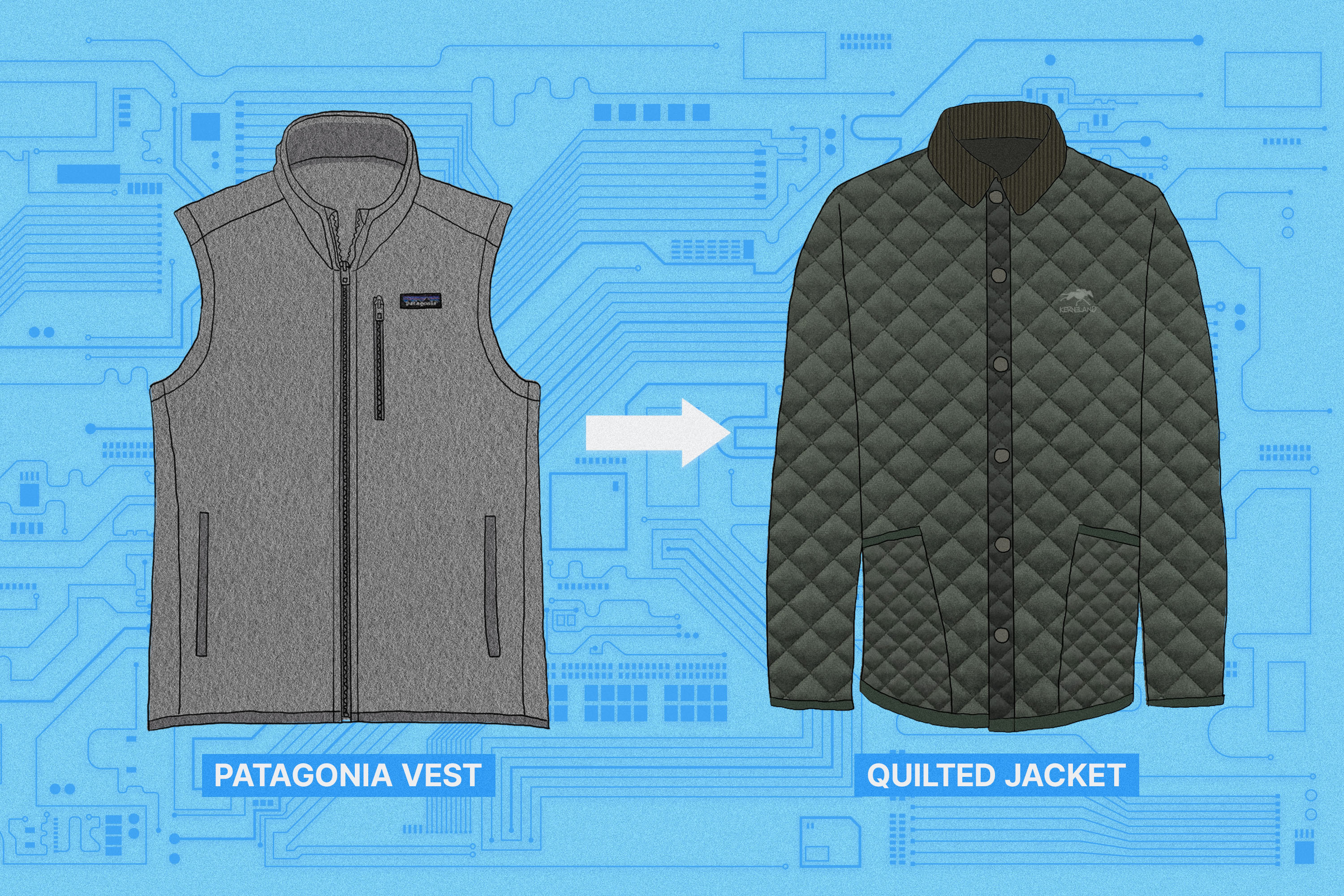 A comparison of a Patagonia vest and quilted jacket.