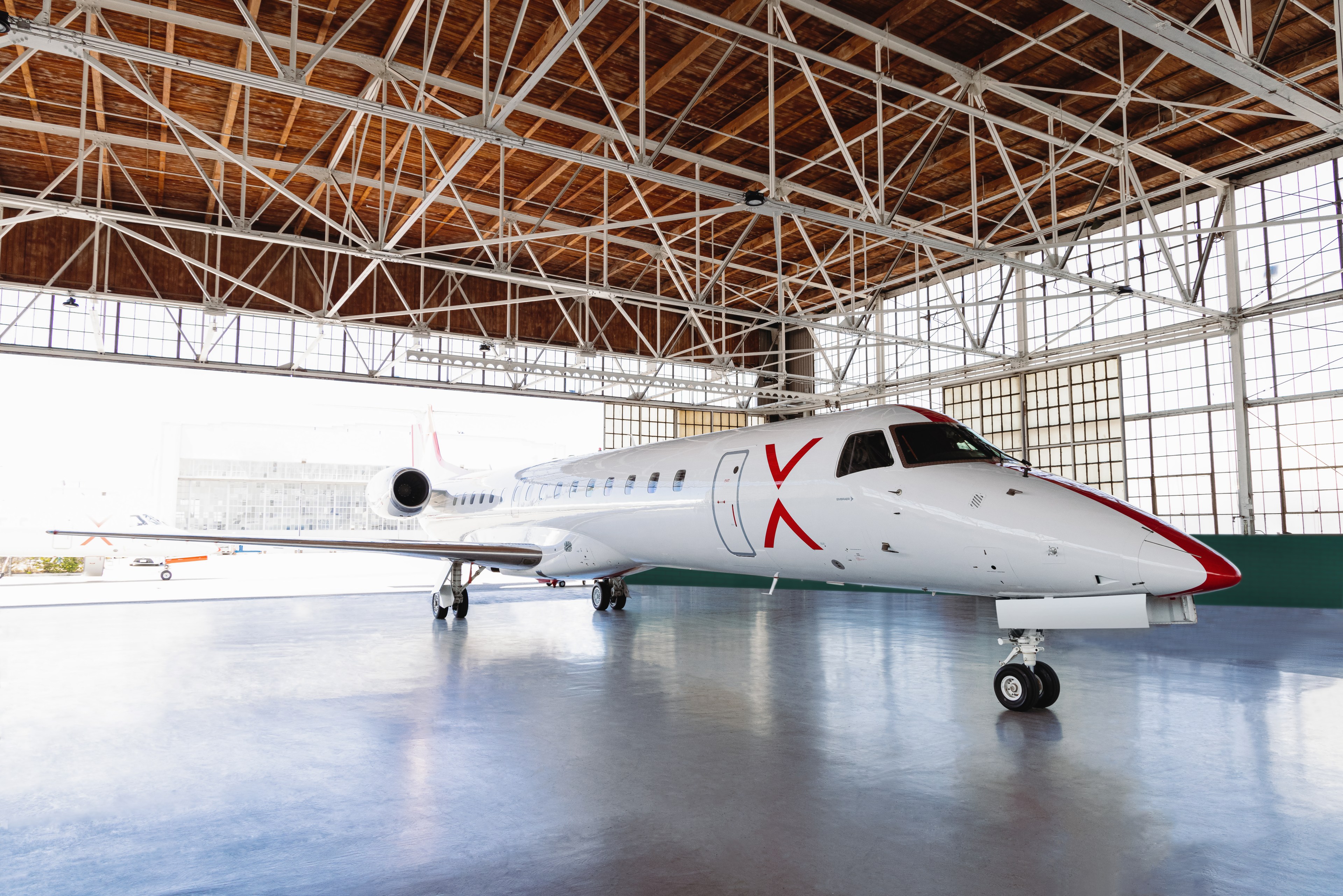 a white semi-private jet waits in a hangar