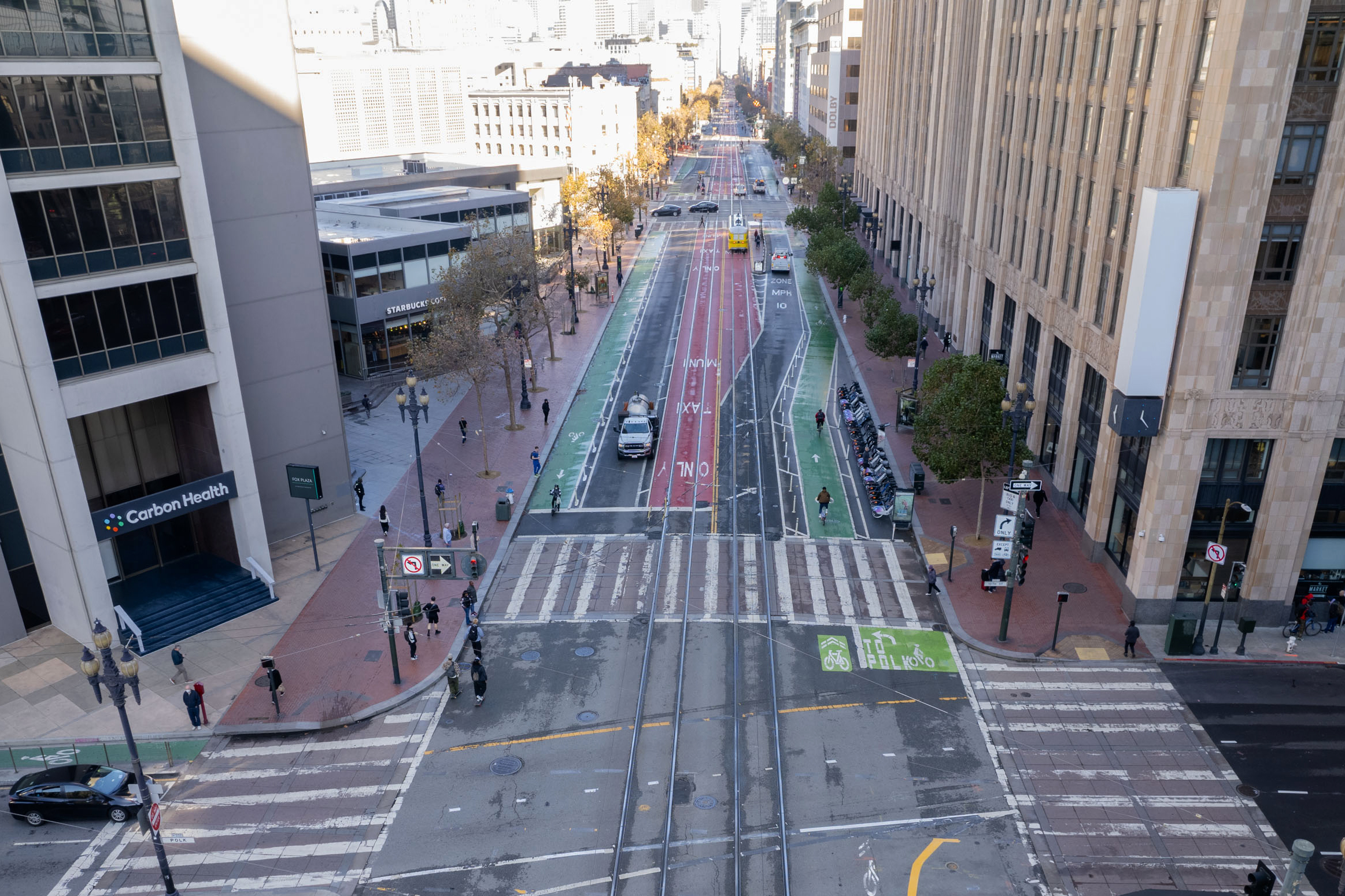 An aerial view of an empty Market Street in San Francisco.