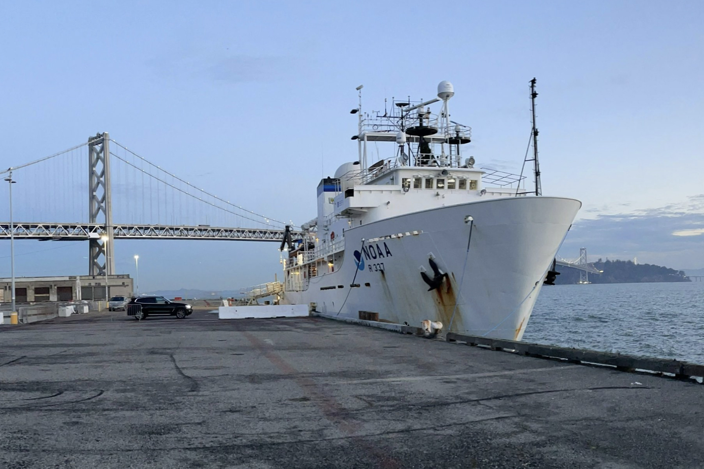 A view of the NOAAS Okeanos Explorer seen docked in the San Francisco Bay near the Bay Bridge in San Francisco.