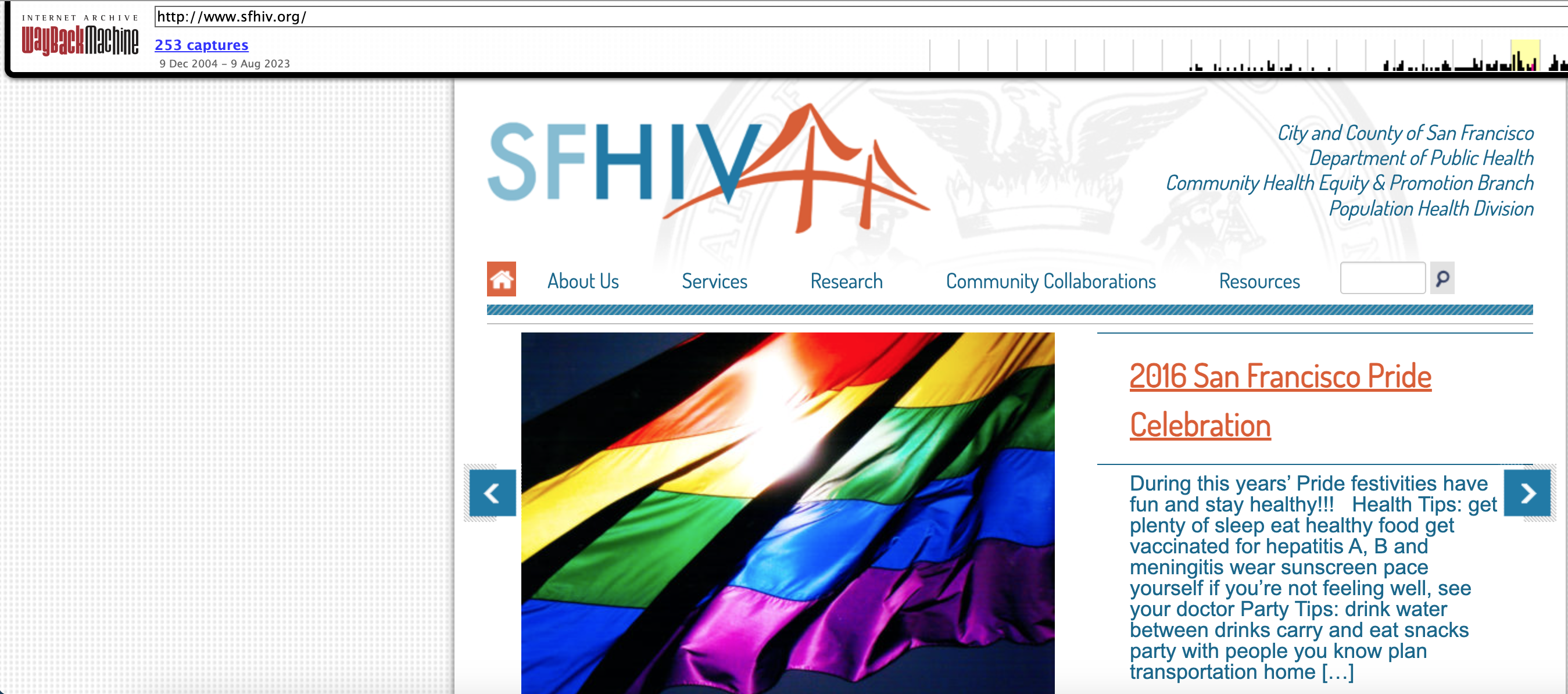 A screenshot of the SFHIV.org website homepage in 2016.