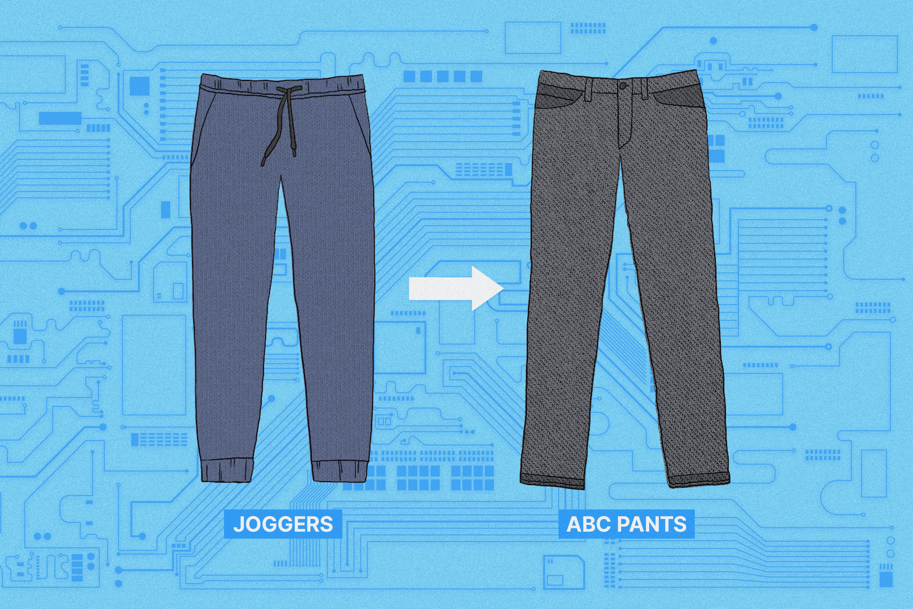 A comparison of a jogger pants and ABC pants.