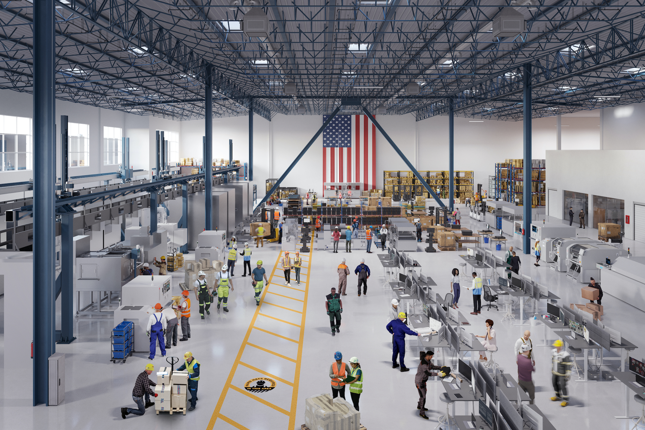 A busy factory floor with workers, machines, and a large American flag hanging in the background.
