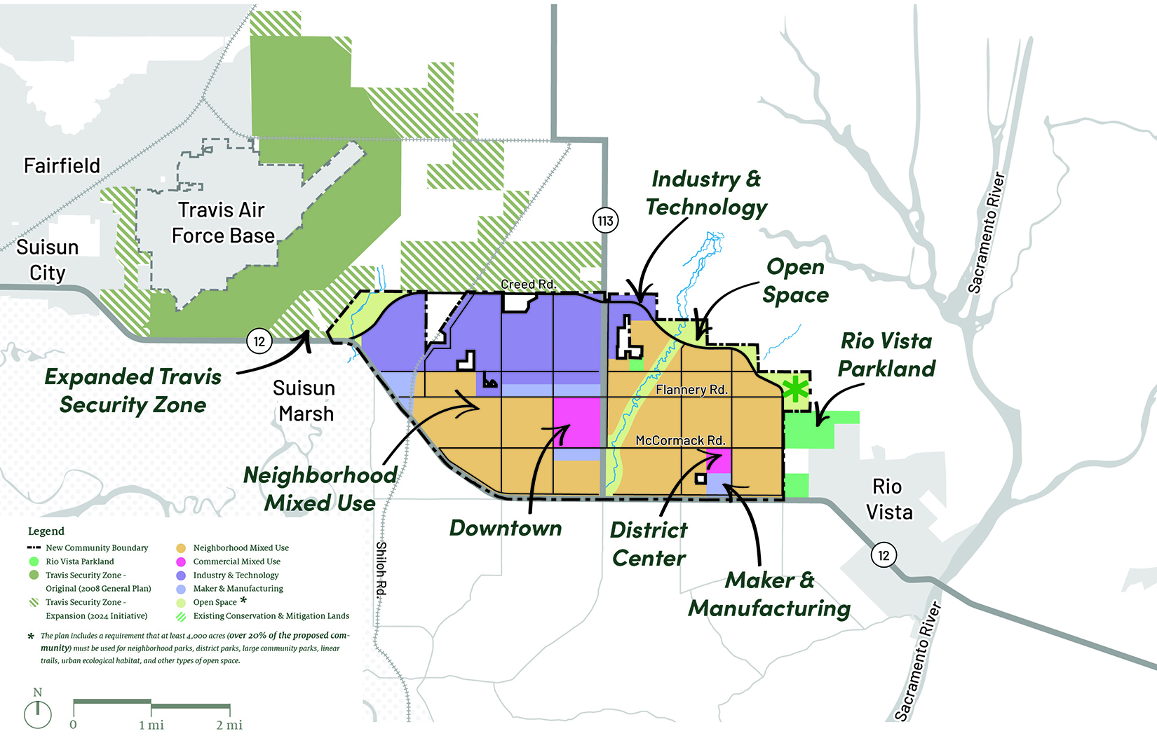 A color-coded map displaying different zones for a community near Travis Air Force Base, with keys for land uses and features.