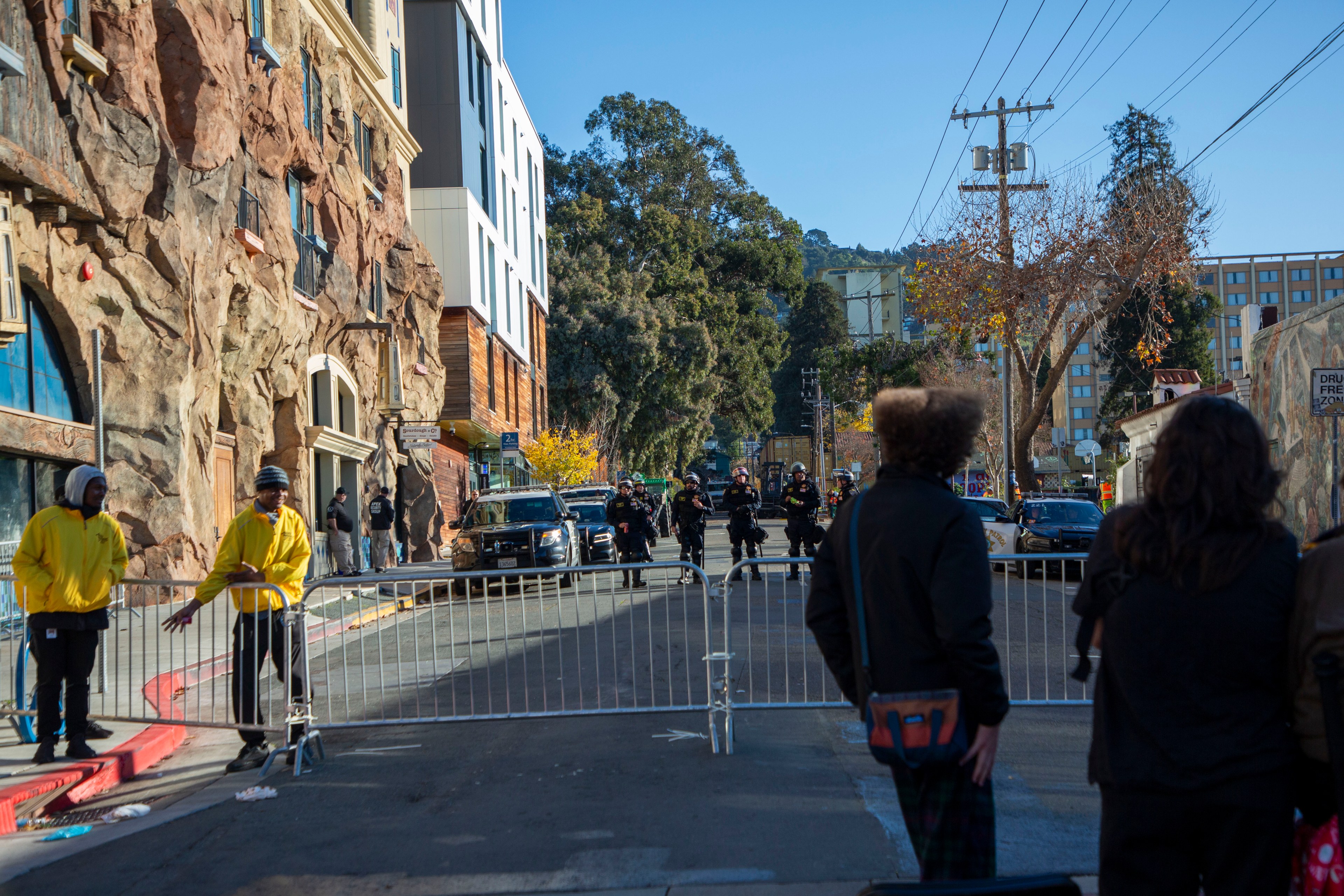 A police barricade blocks off people from entering the Peoples Park in Berkeley. 