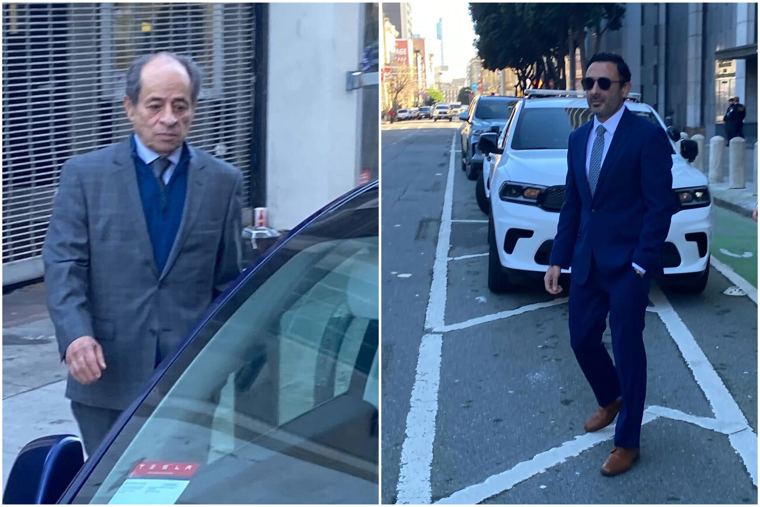 A composite image of two men in suites walking out of federal court.