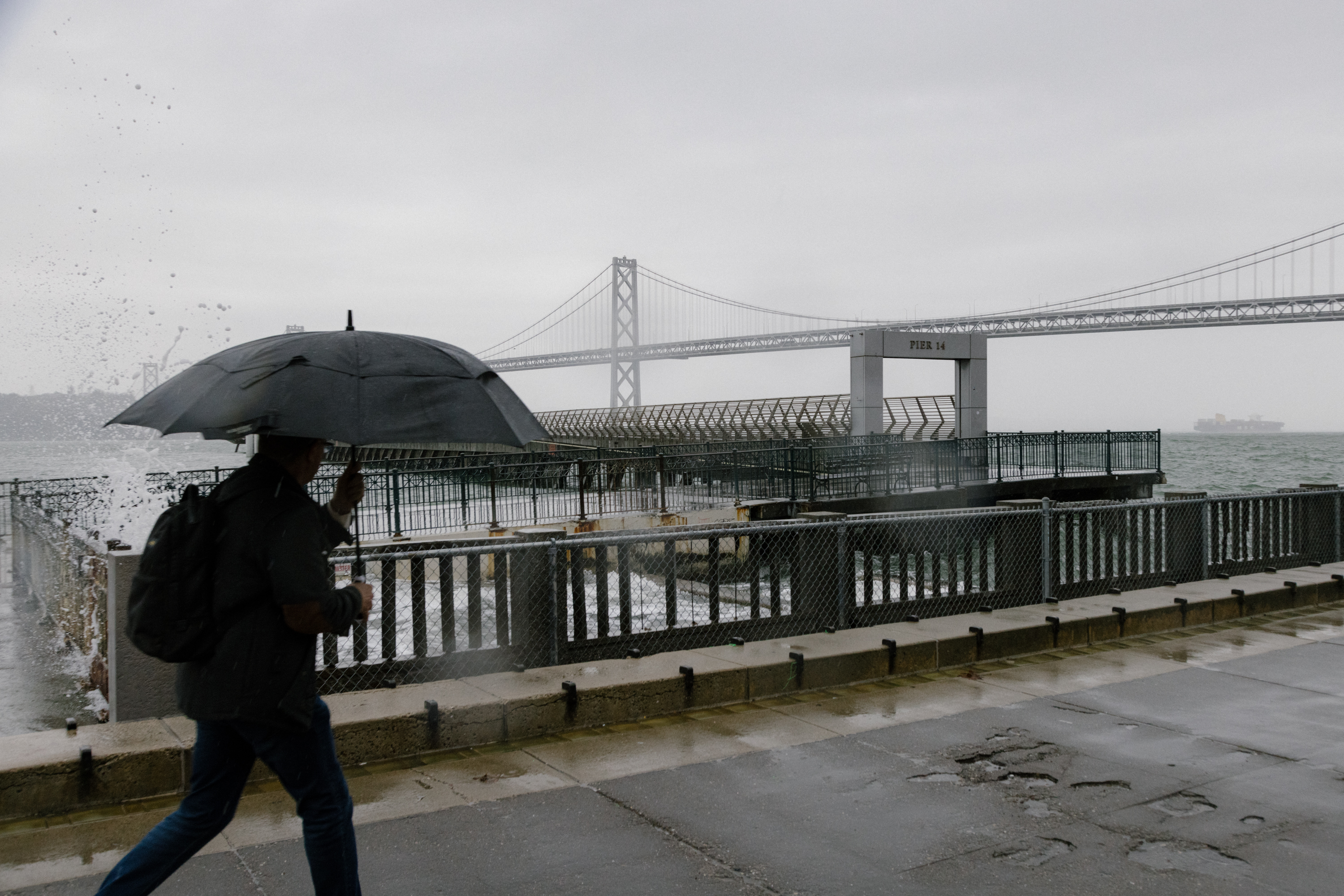 Person with umbrella walks in the rain with bridge in the background