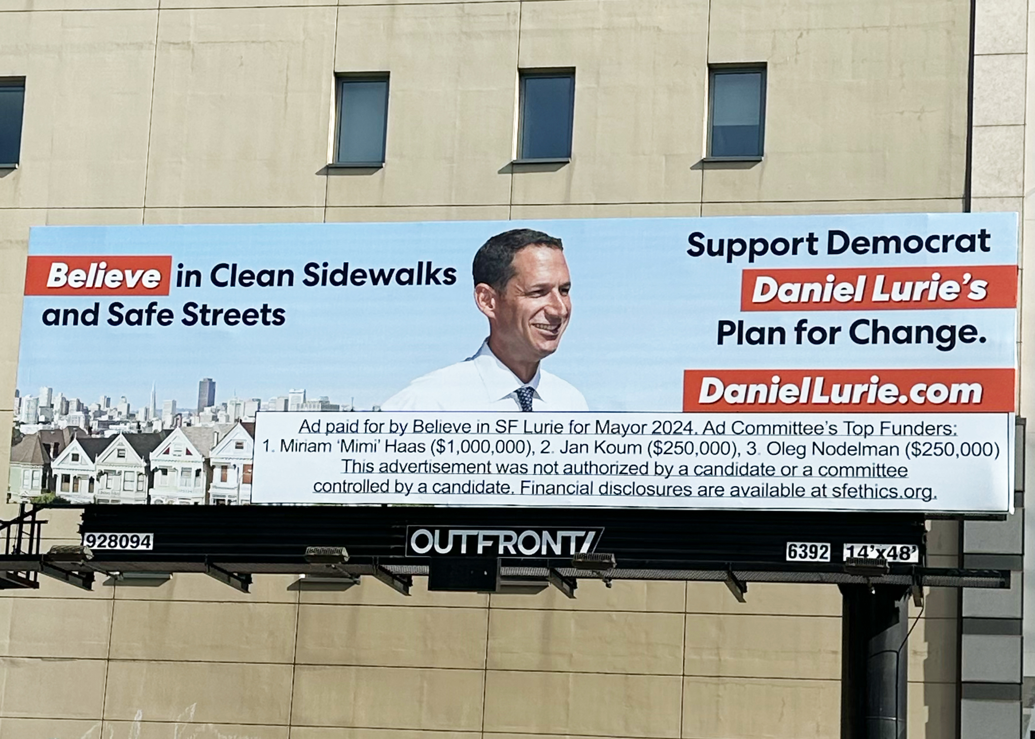 A billboard for Daniel Lurie's mayoral campaign is seen disclosing the donors who paid for the advertisement, which includes a one million dollar donation from Lurie's mother, businesswoman Mimi Haas.