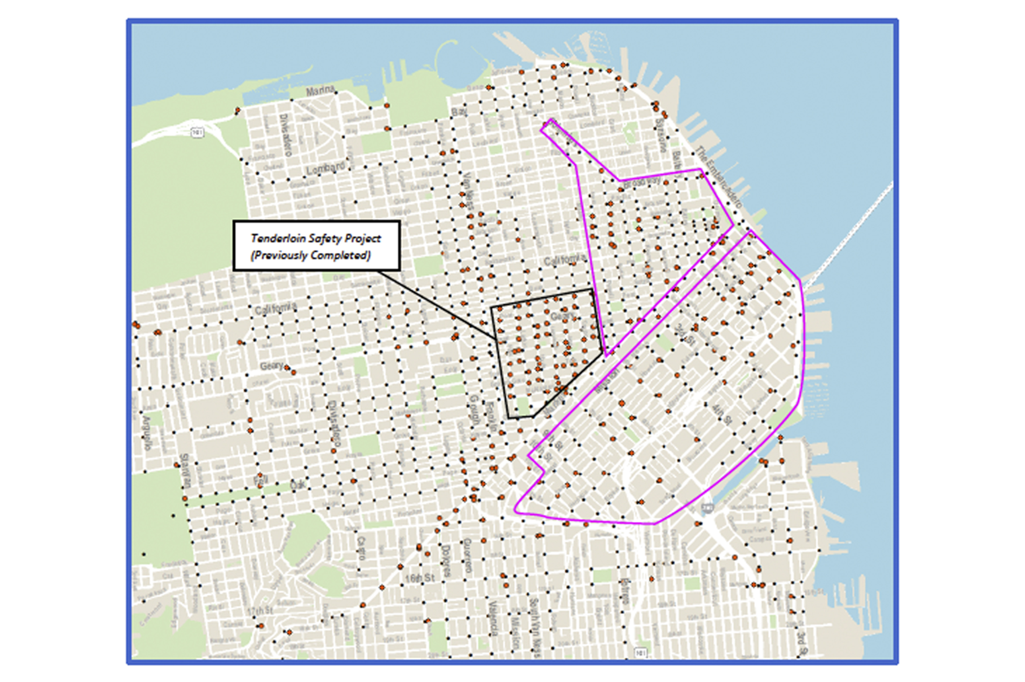 An SFMTA map showing existing and proposed intersections where right turns are not allowed