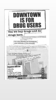 The image shows a flyer with text promoting the rights and organization of drug users, alongside urban skyline graphics.