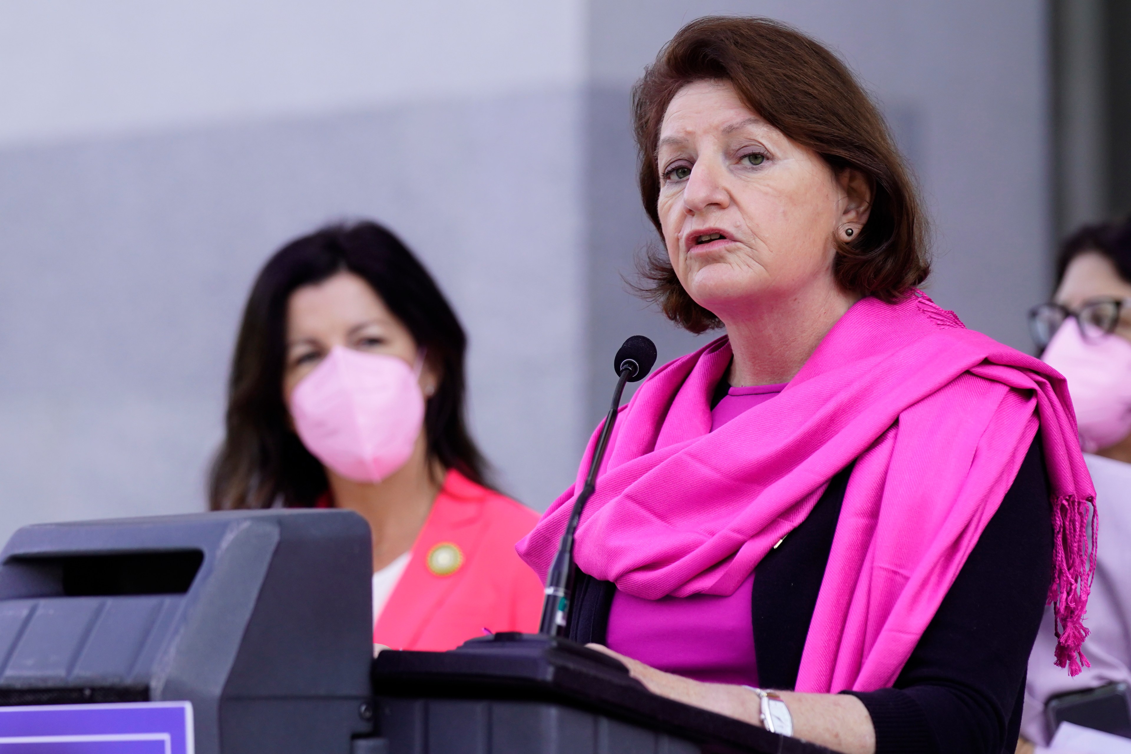 Woman in pink scarf speaks into microphone