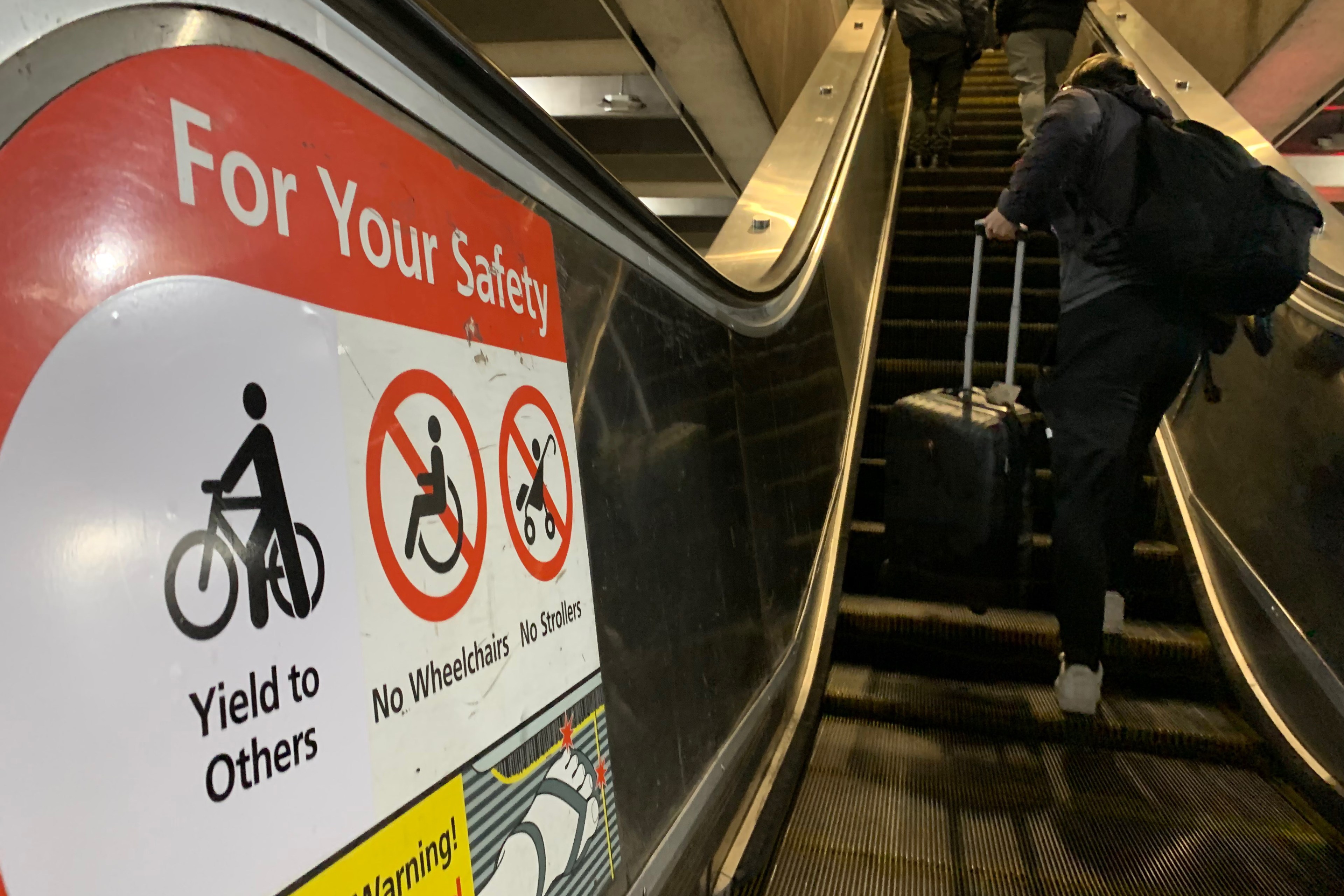 New signage on an escalator at Embarcadero BART station  in San Francisco indicating bikes are allowed on escalators on Tuesday, January 9, 2024. At the beginning of 2024, BART has allowed riders take their bicycles, scooters, etc. on escalators.
