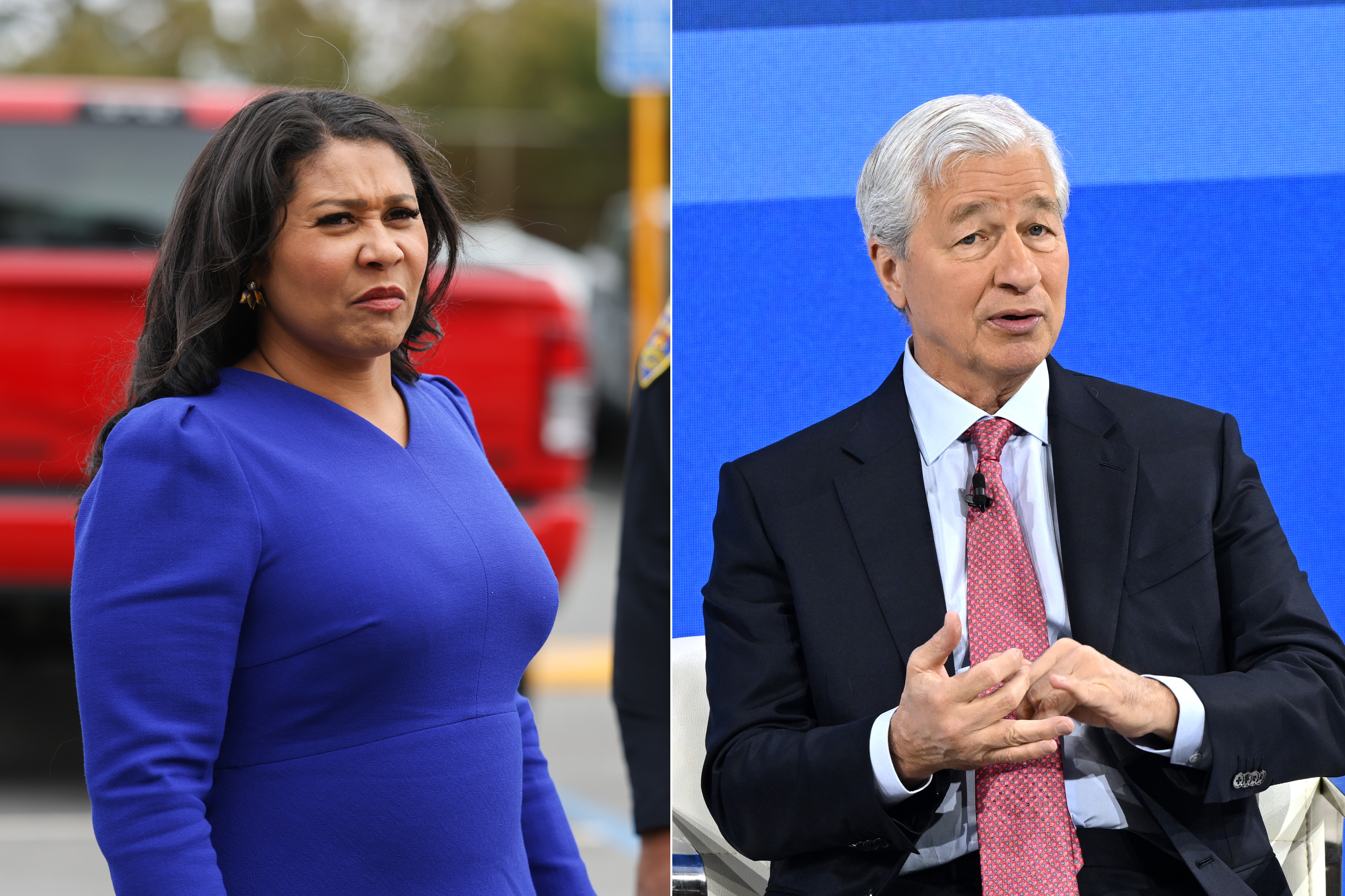 a side-by-side image of San Francisco Mayor London Breed looking angry and JPMorgan Chase CEO Jamie Damon wearing a black suit while clasping his hands.