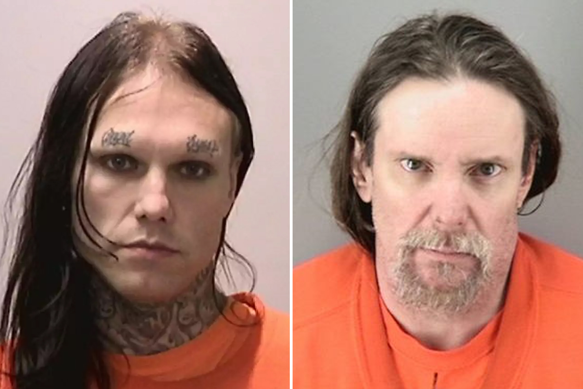 Two mugshots side by side, one of a tattooed individual, the other of an older, bearded man. Both wear orange prison garb.