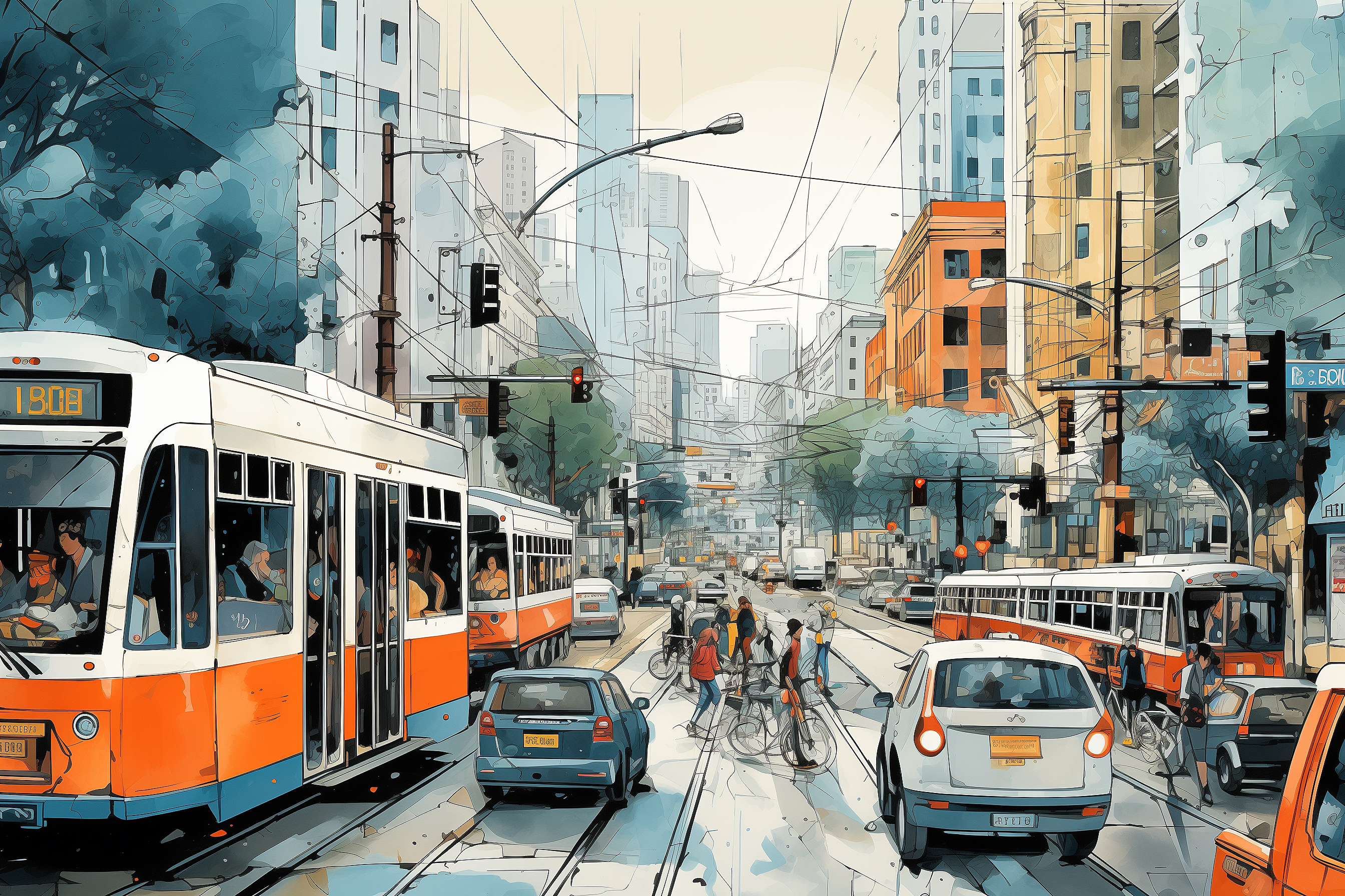 An artistic depiction of a bustling urban street scene with trams, cars, cyclists, and pedestrians under a hazy sky.