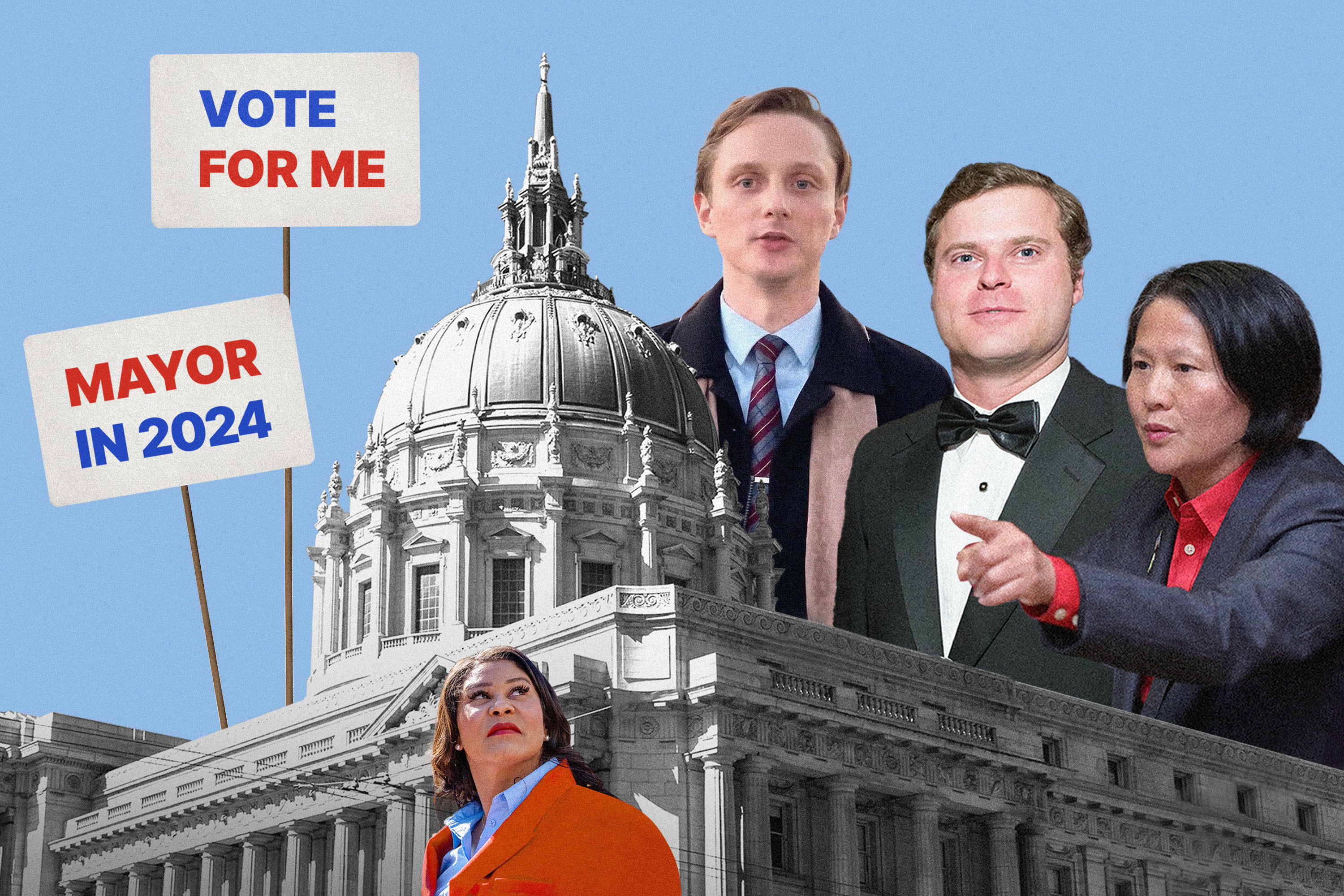 Collage of individuals in business attire with "Vote for Me" and "Mayor in 2024" signs, against a city hall backdrop.